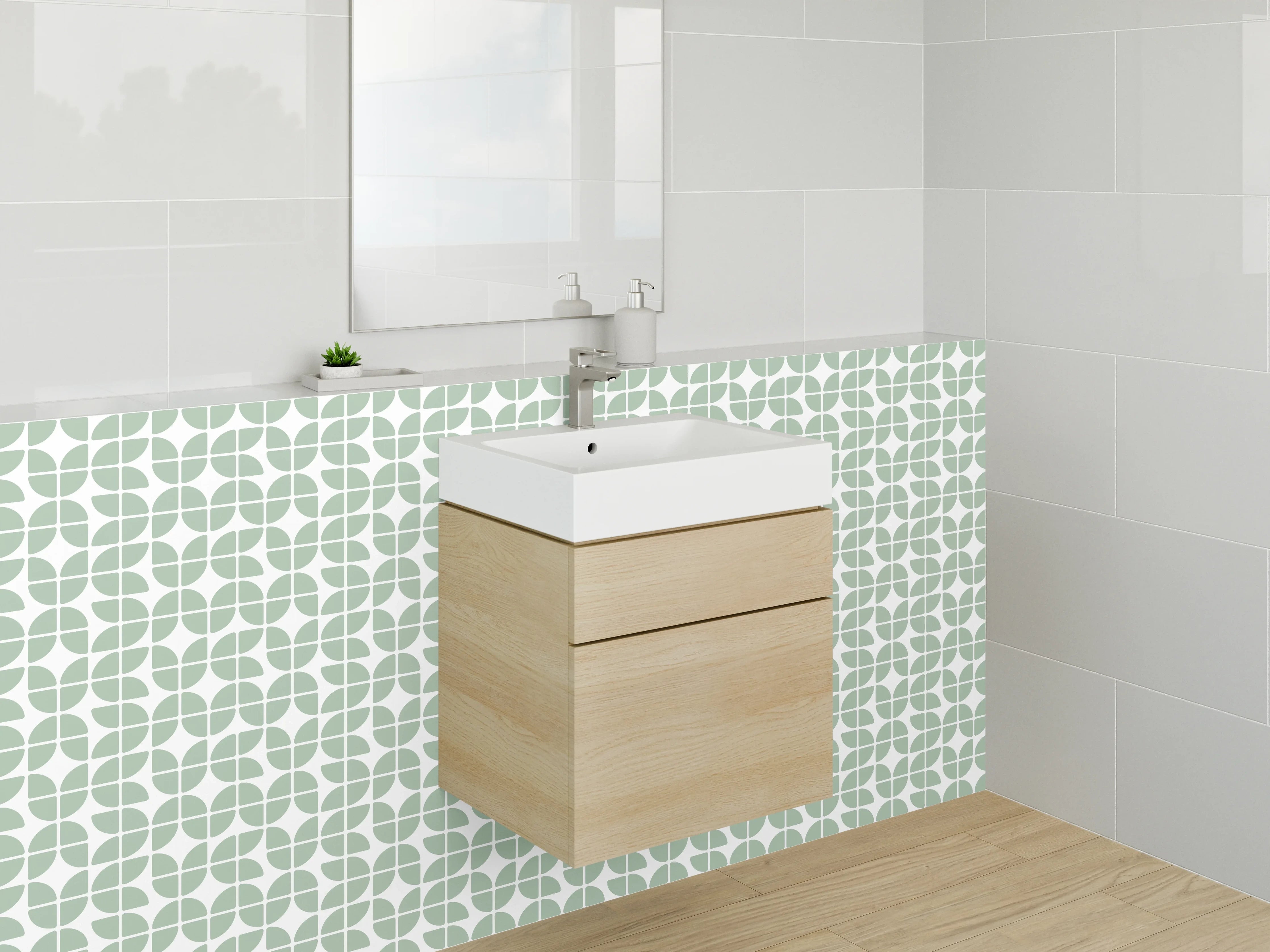 Waschbecken-Rückwand - Retro Blättermuster Mintgrün Weiß