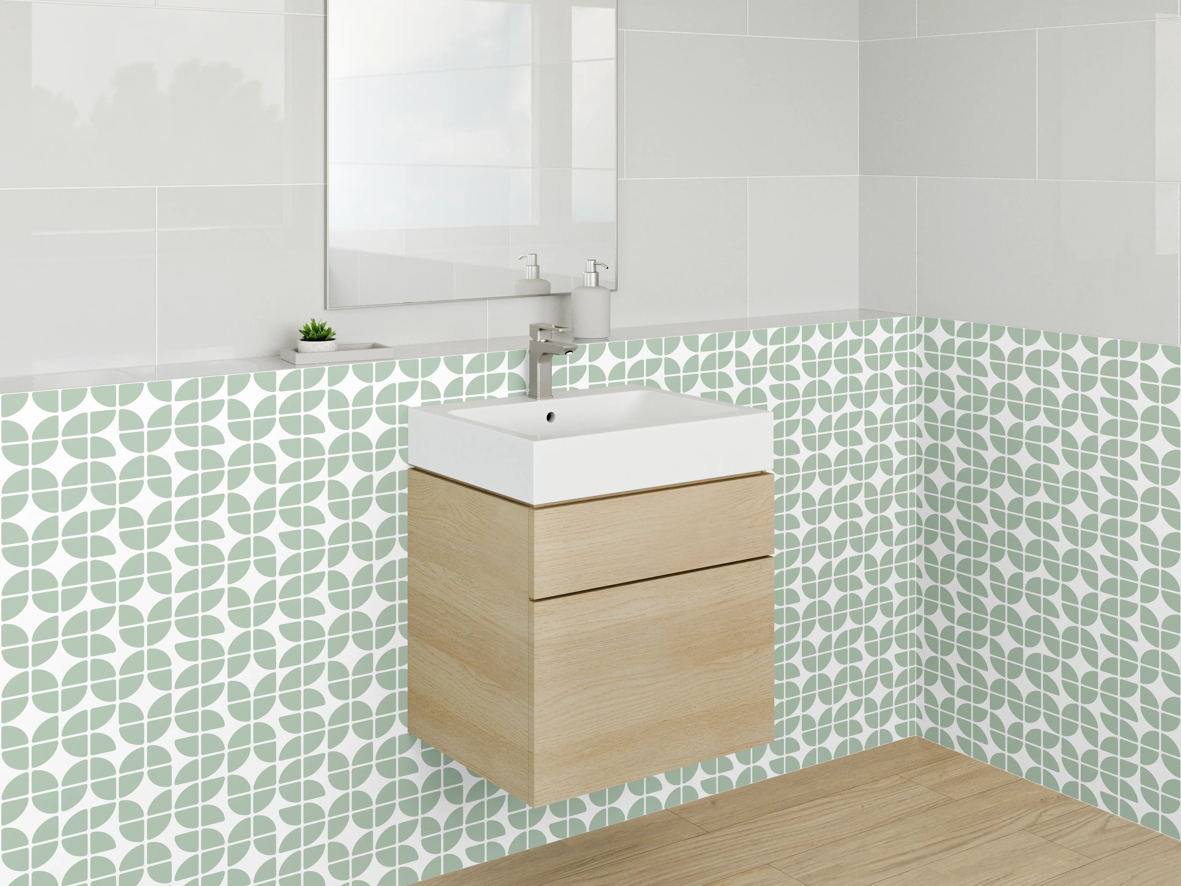 Waschbecken-Rückwand - Retro Blättermuster Mintgrün Weiß