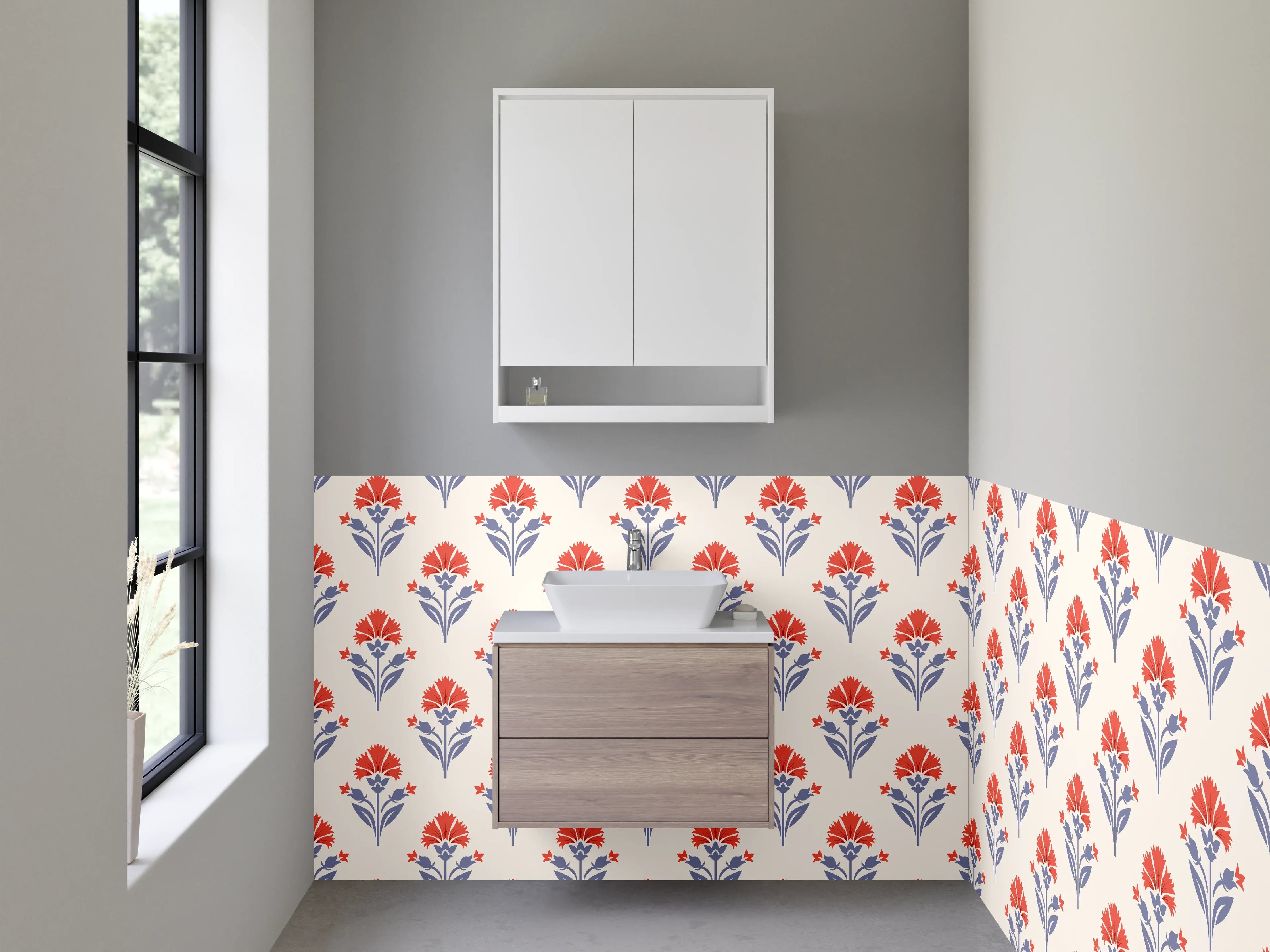 Waschbecken-Rückwand - Retro-Blumenmuster Beige Rot Blau