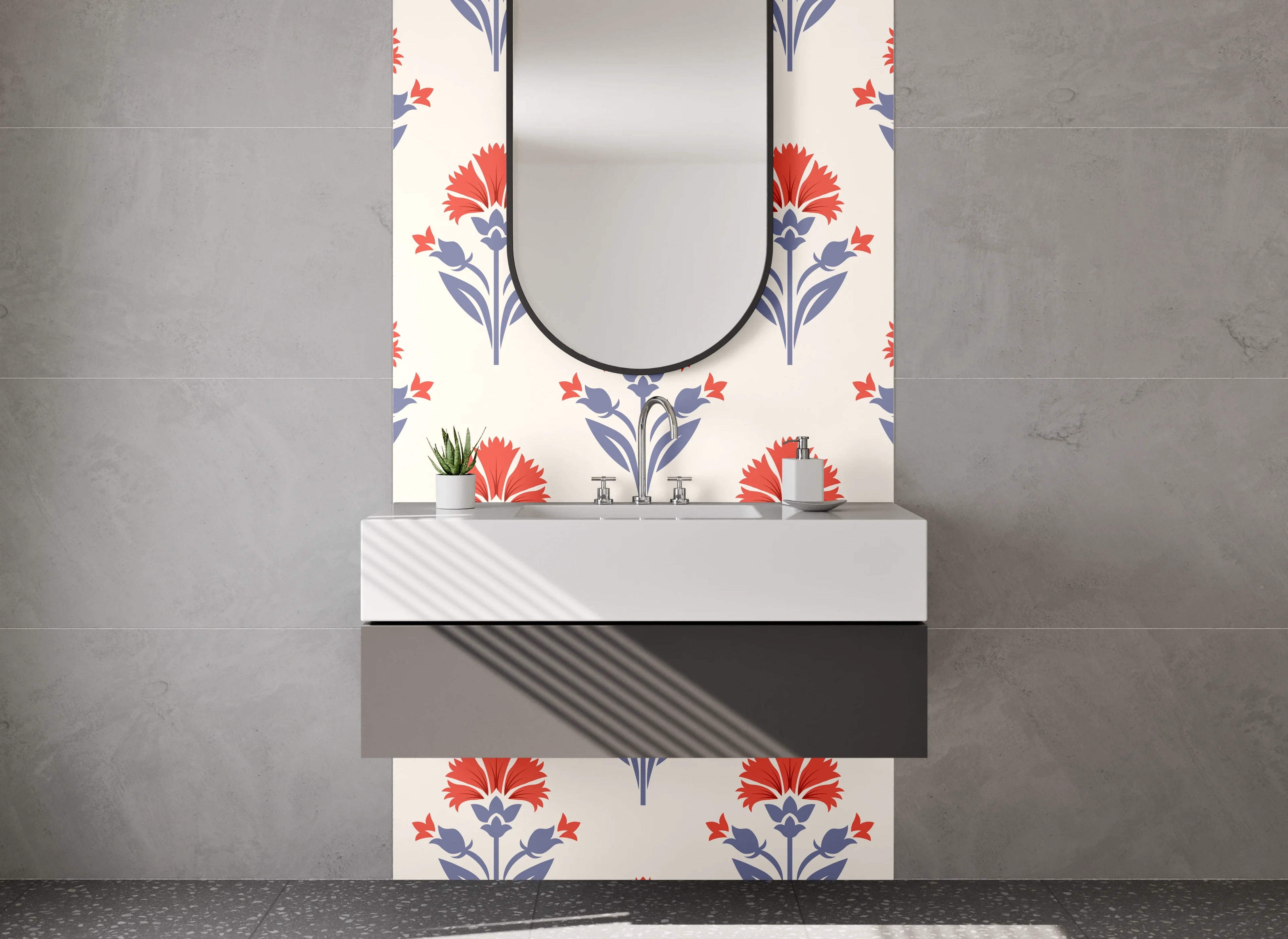 Waschbecken-Rückwand - Retro-Blumenmuster Beige Rot Blau