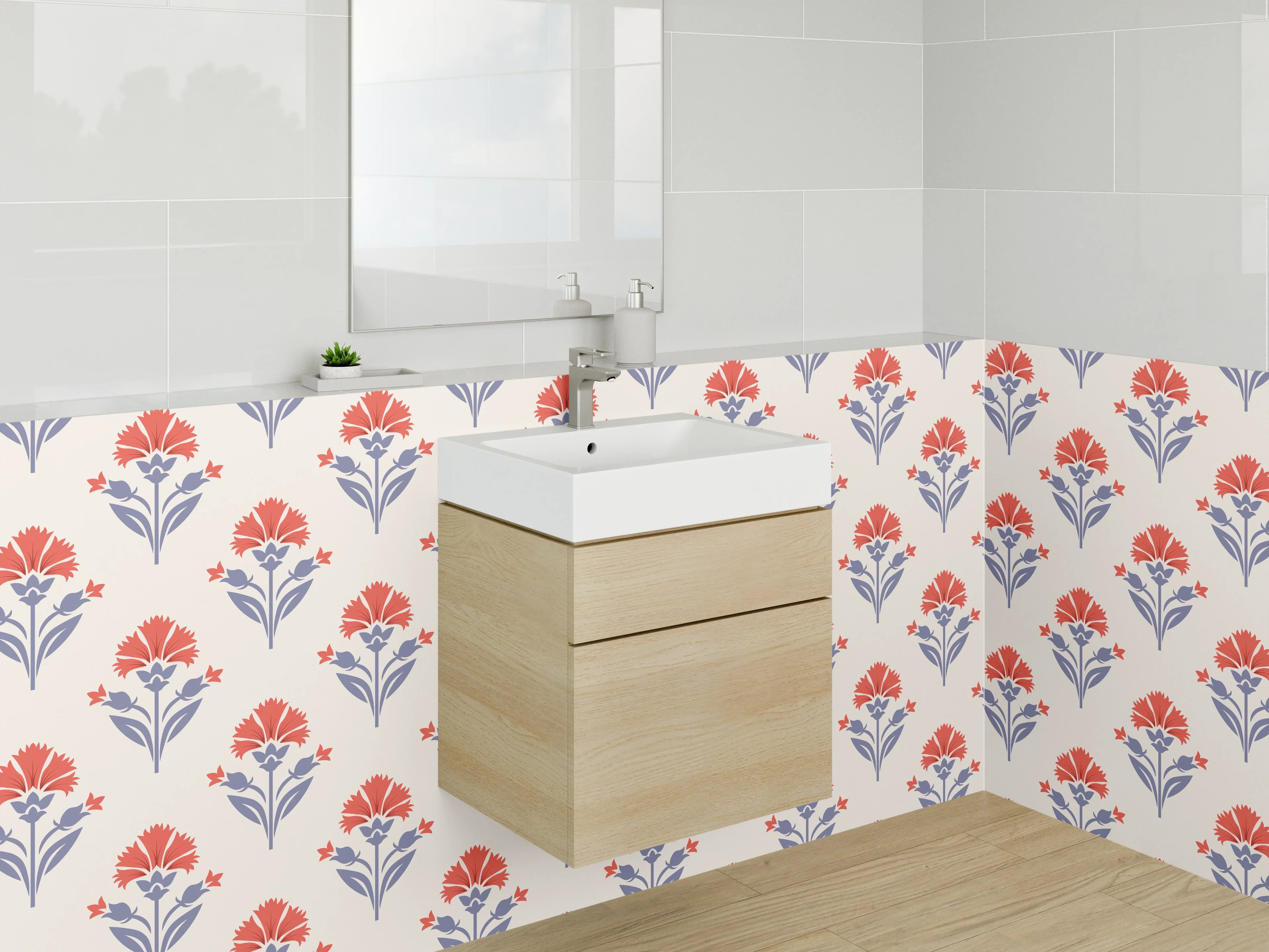 Waschbecken-Rückwand - Retro-Blumenmuster Beige Rot Blau