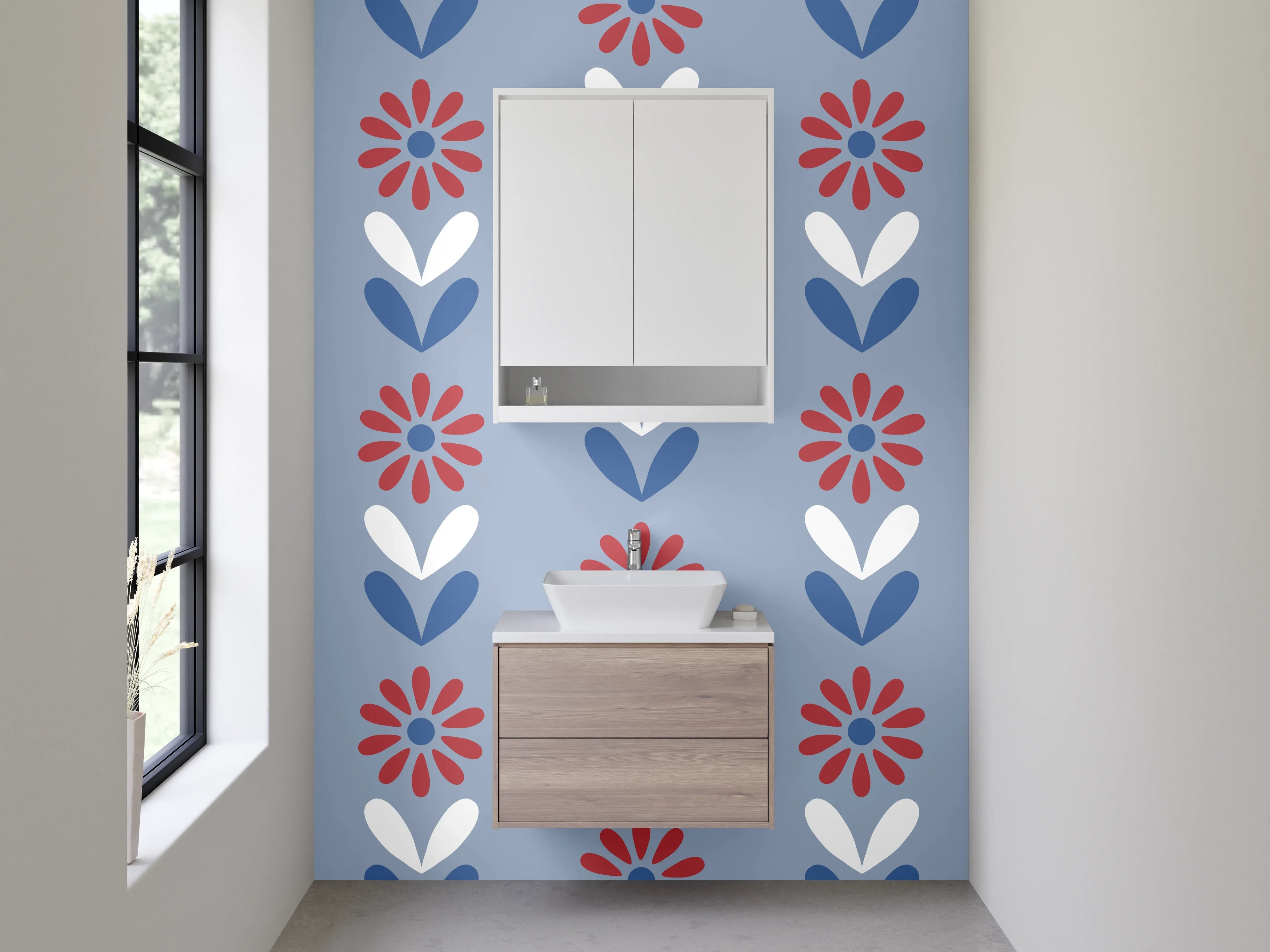 Waschbecken-Rückwand - Retro Blumenmuster Blau Rot Weiß