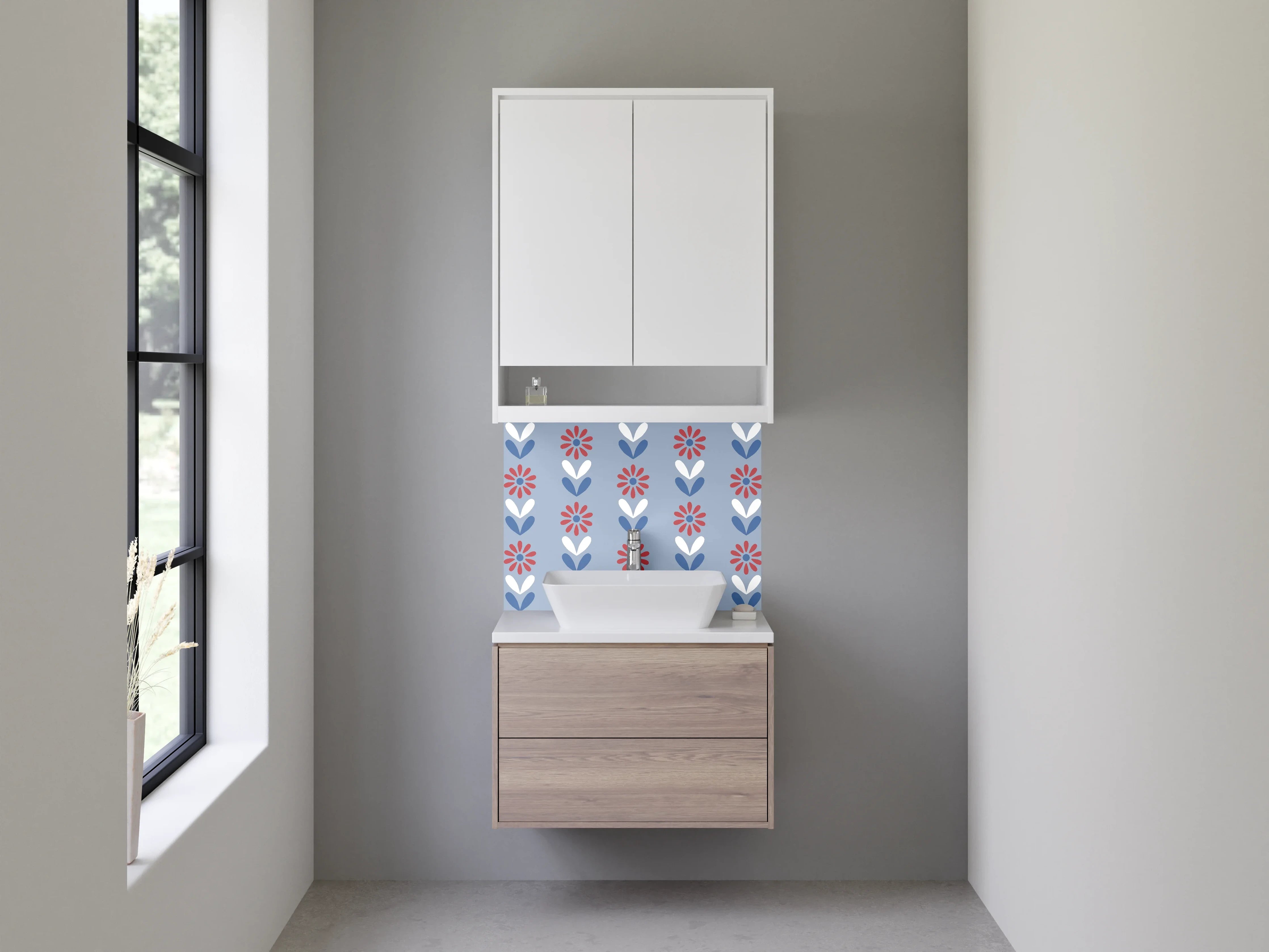Waschbecken-Rückwand - Retro Blumenmuster Blau Rot Weiß