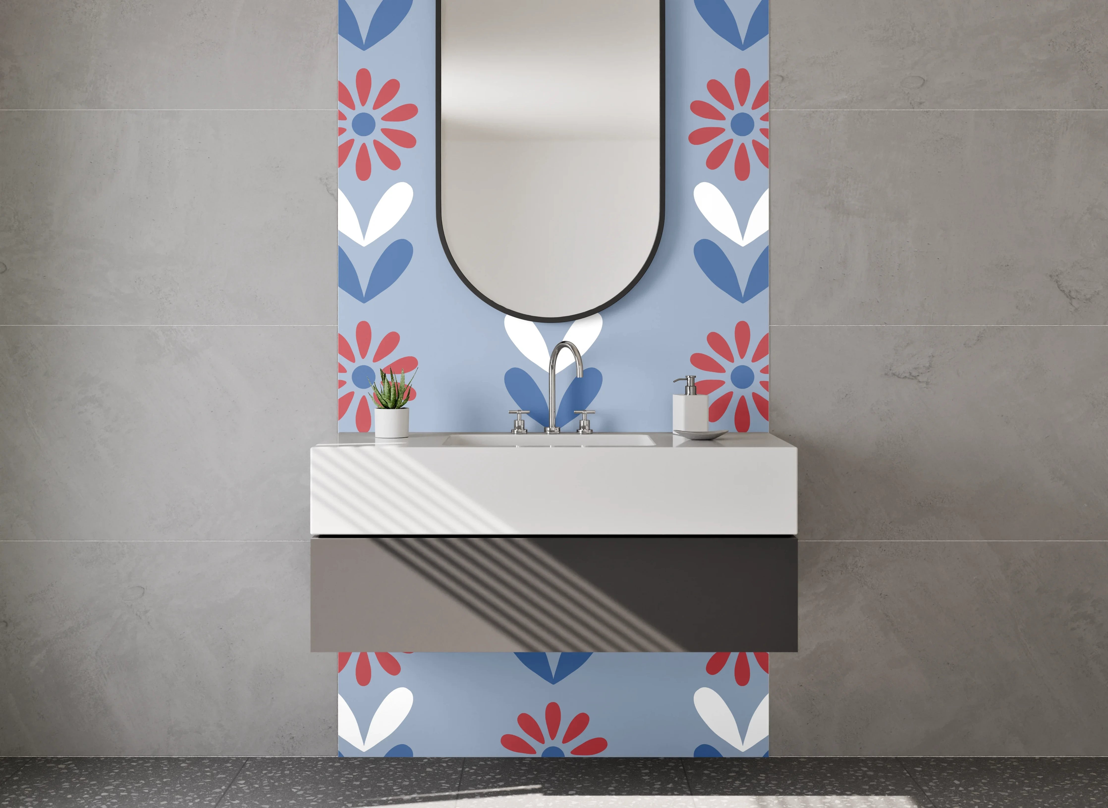 Waschbecken-Rückwand - Retro Blumenmuster Blau Rot Weiß