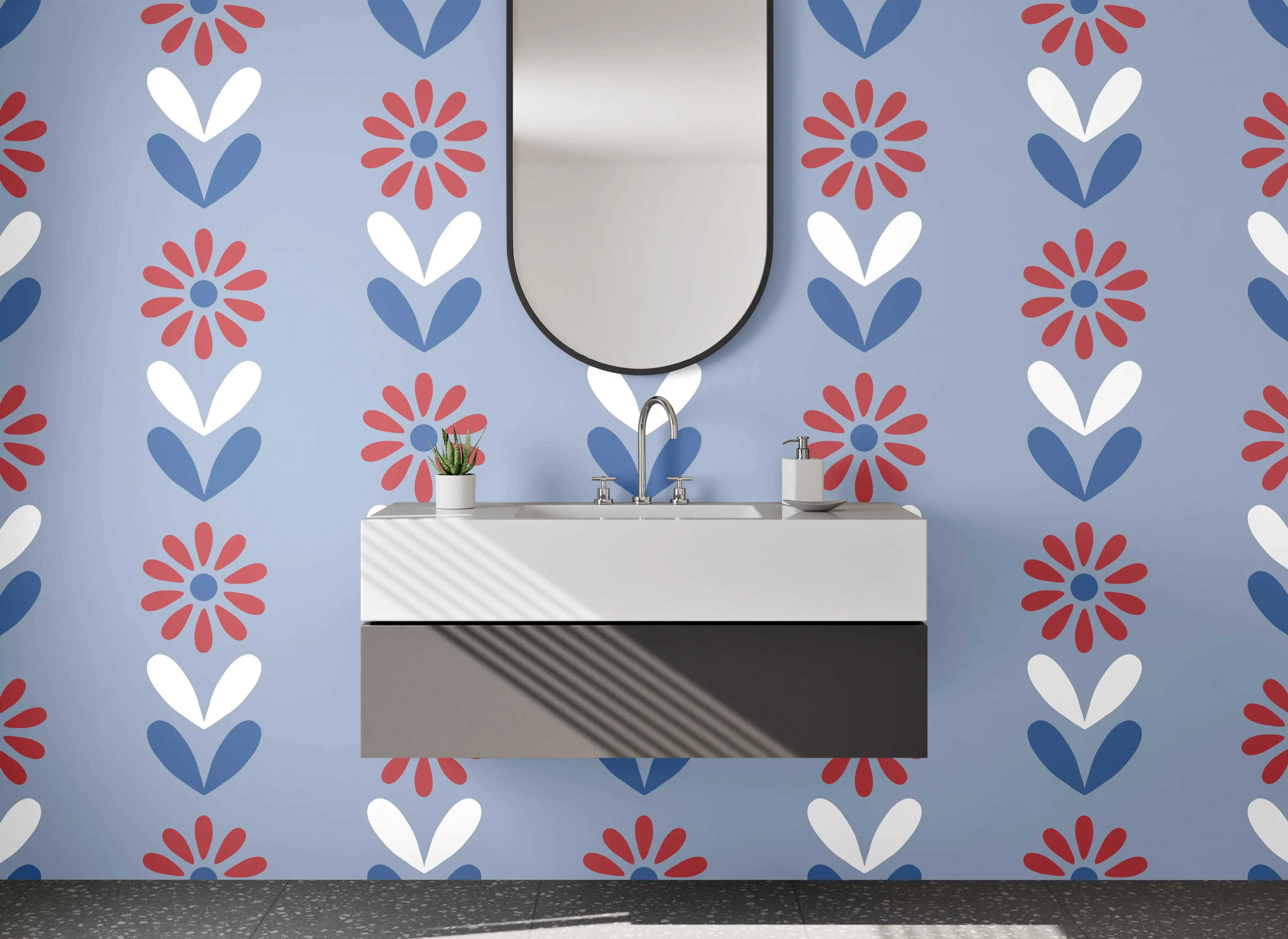 Waschbecken-Rückwand - Retro Blumenmuster Blau Rot Weiß