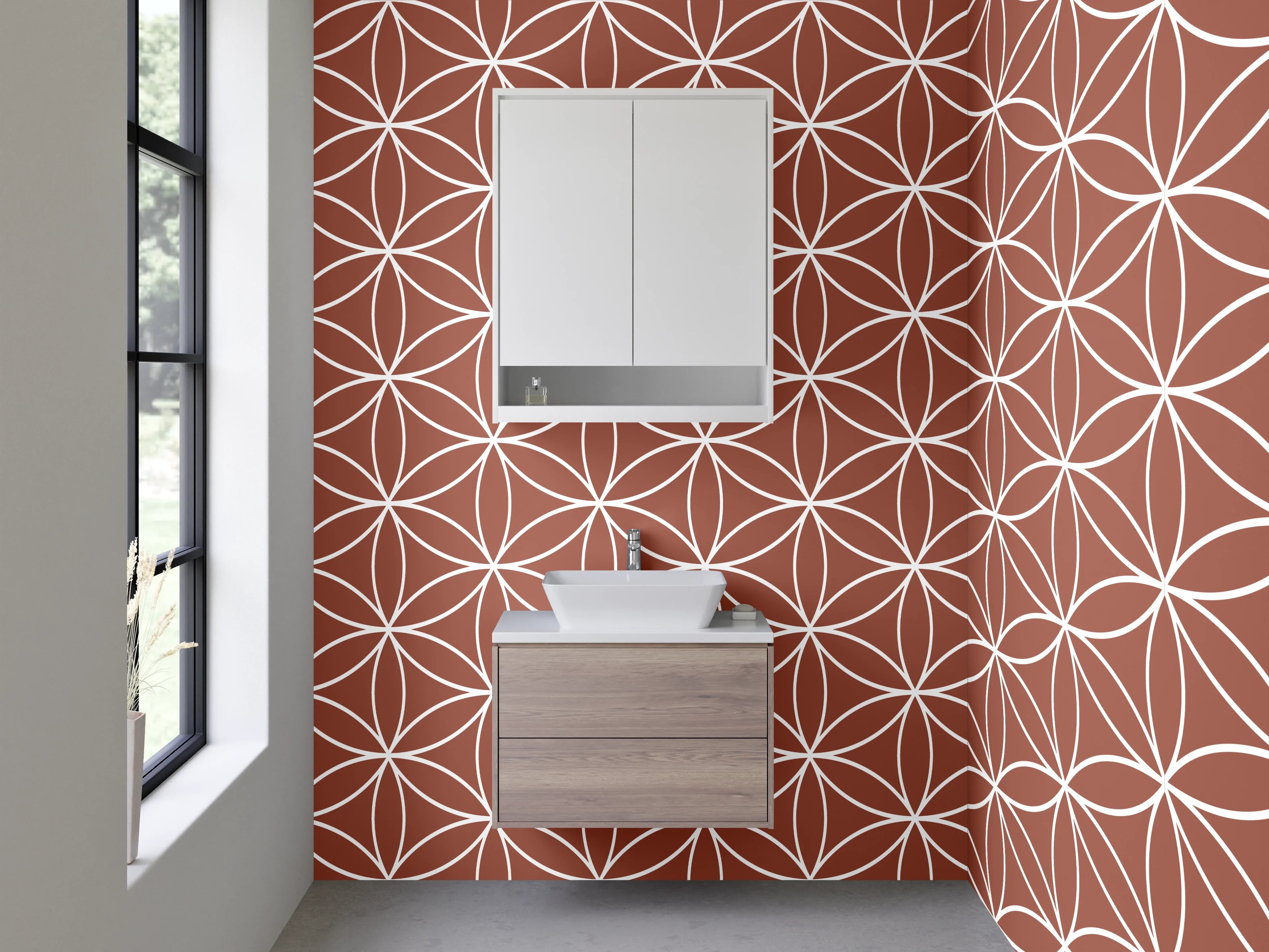 Waschbecken-Rückwand - Retro Blumenmuster Braun Weiß
