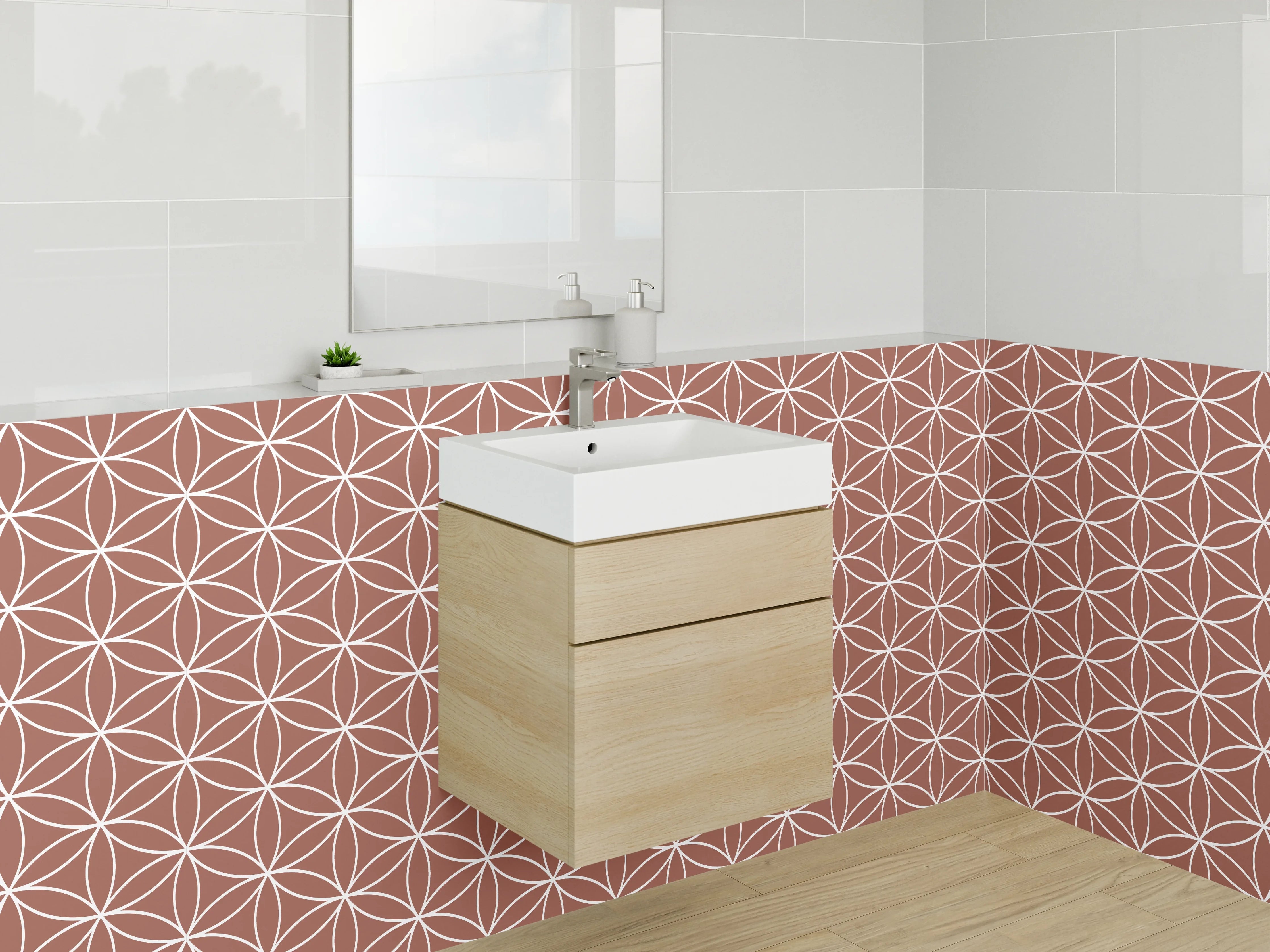 Waschbecken-Rückwand - Retro Blumenmuster Braun Weiß