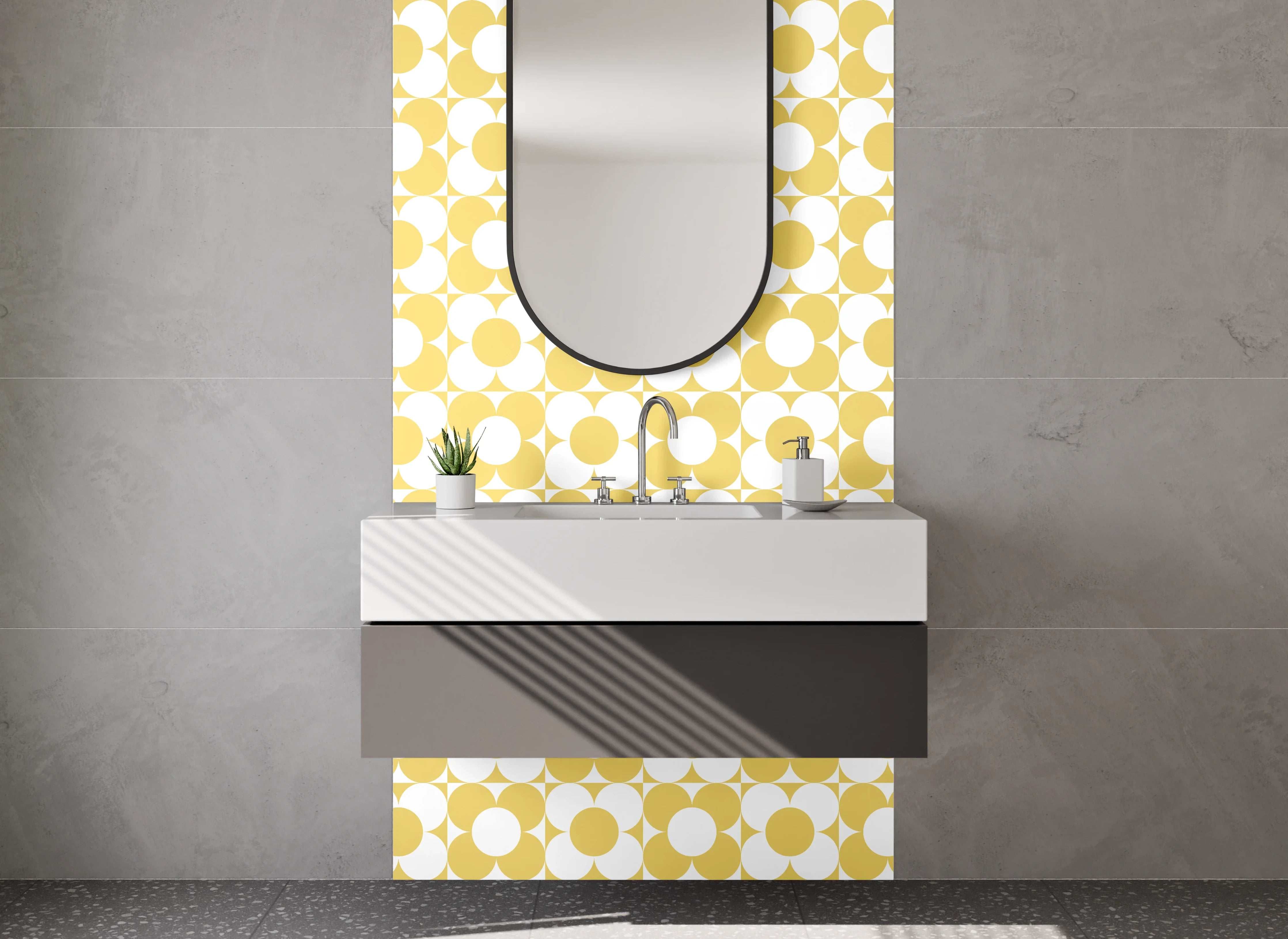 Waschbecken-Rückwand - Retro-Blumenmuster Gelb Weiß