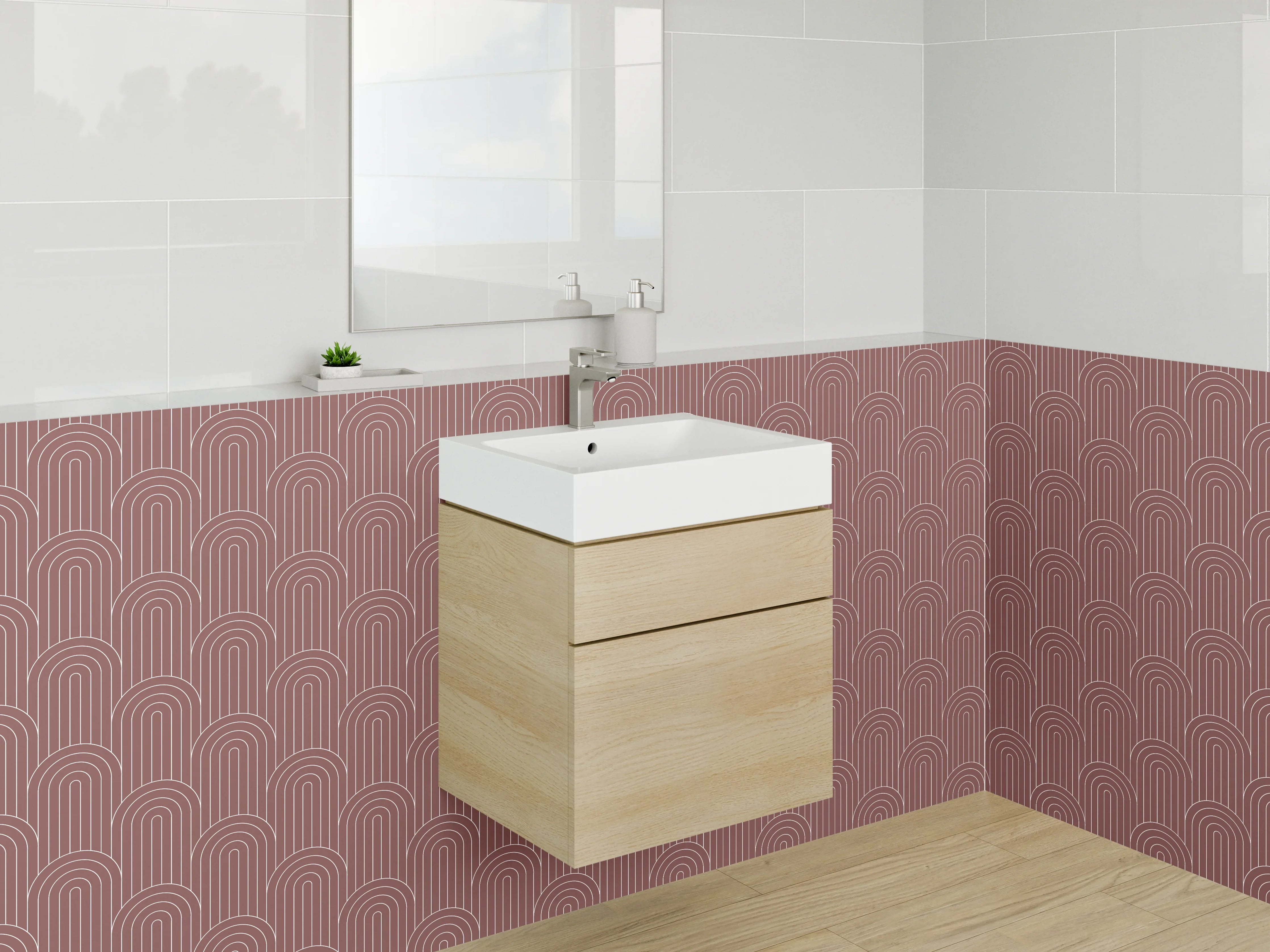 Waschbecken-Rückwand - Retro Bogenmuster Rot Weiß