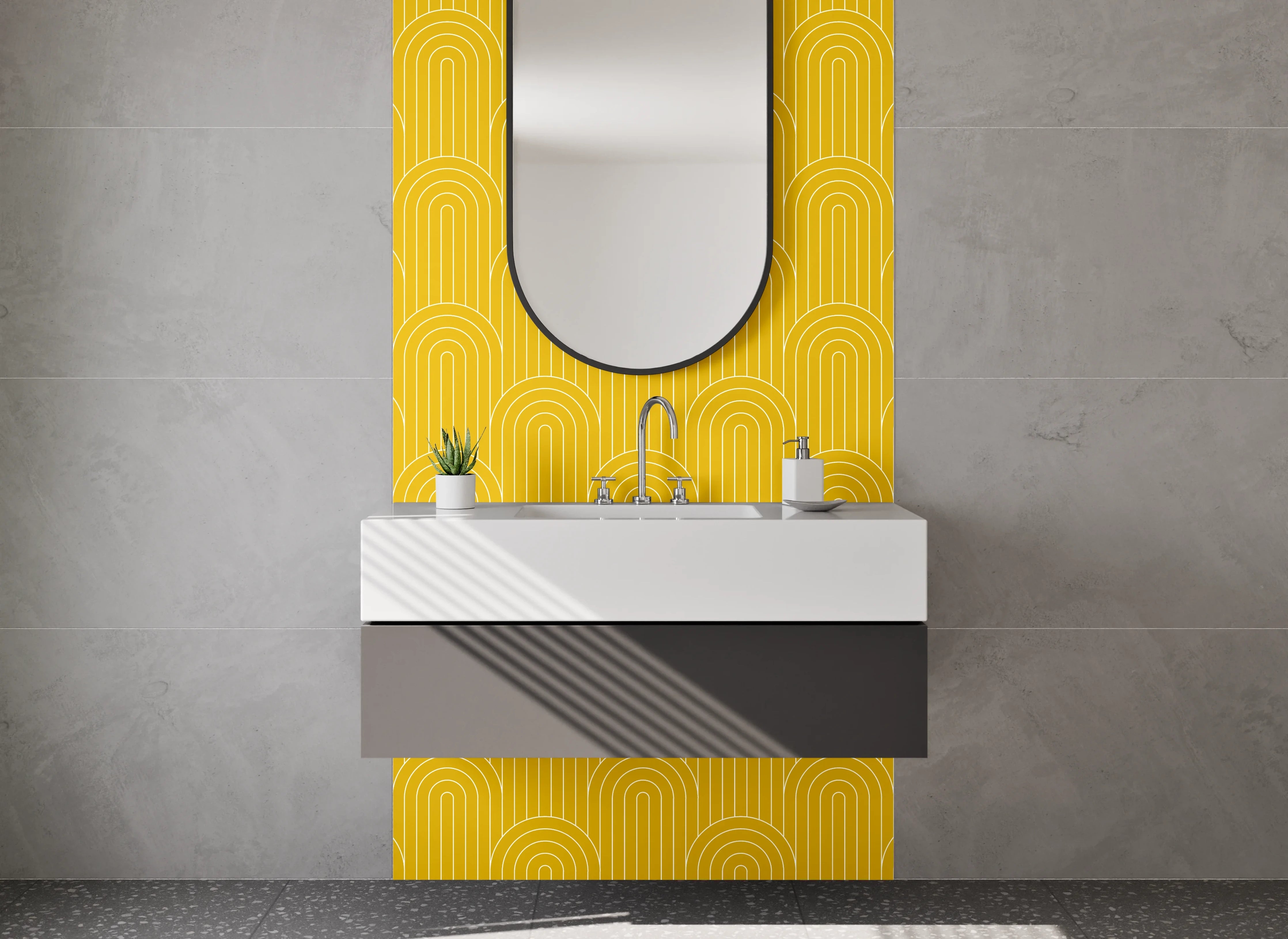 Waschbecken-Rückwand - Retro Bogenmuster in Senfgelb
