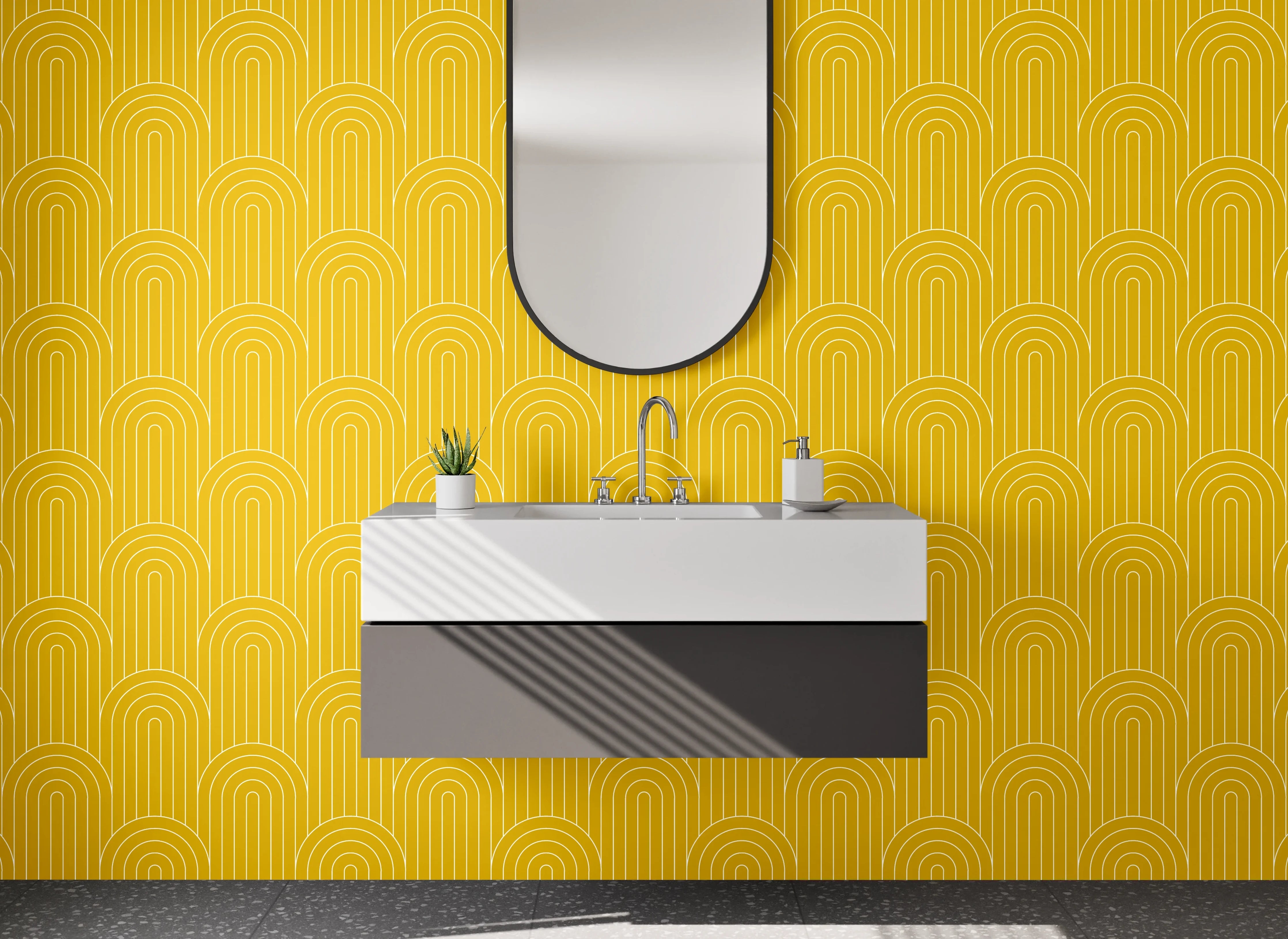 Waschbecken-Rückwand - Retro Bogenmuster in Senfgelb