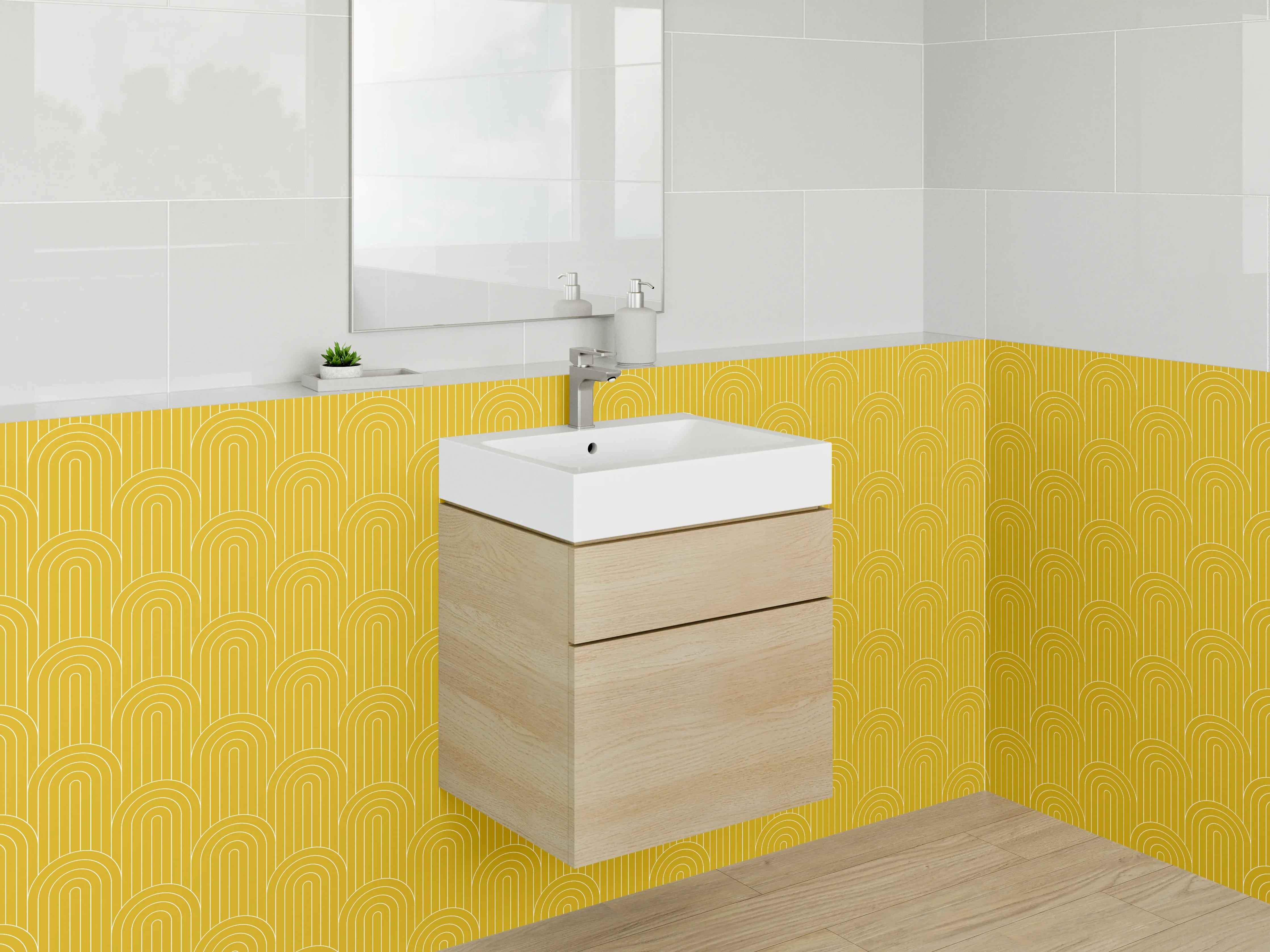 Waschbecken-Rückwand - Retro Bogenmuster in Senfgelb