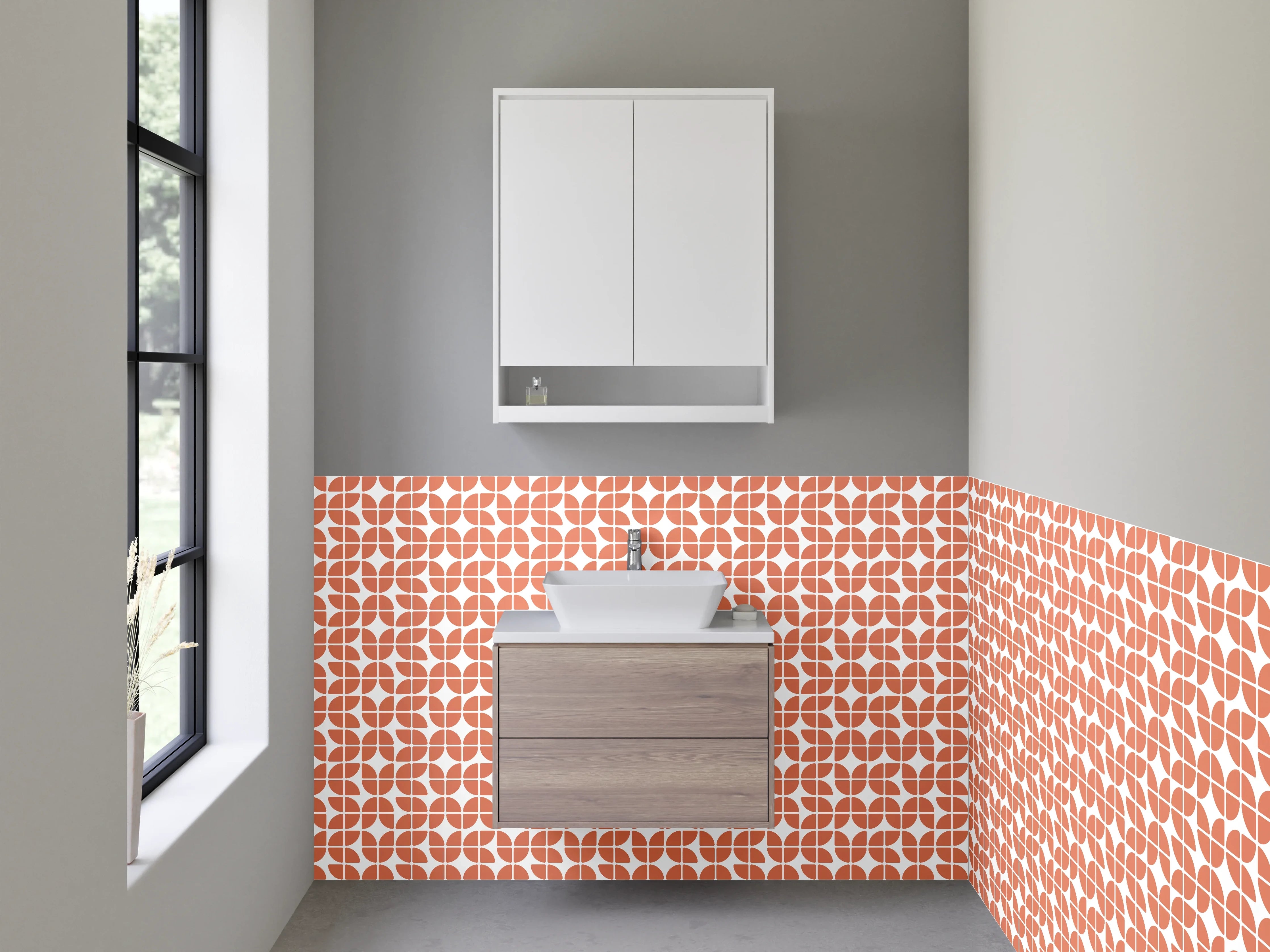 Waschbecken-Rückwand - Retro-Chic: Orange mit grauweißem Muster