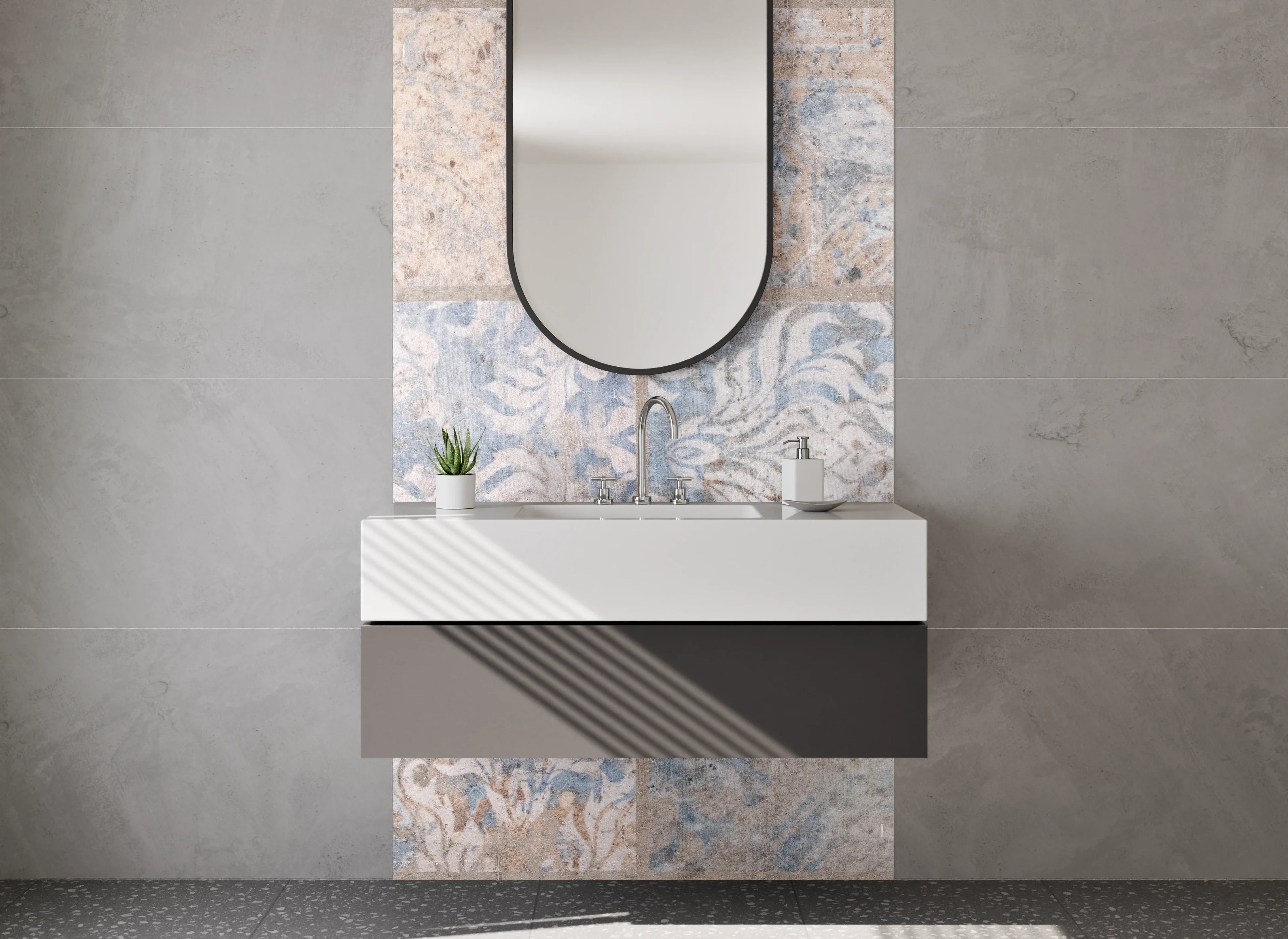 Waschbecken-Rückwand - Retro-Fliesen Design Weiß-Grau-Blau
