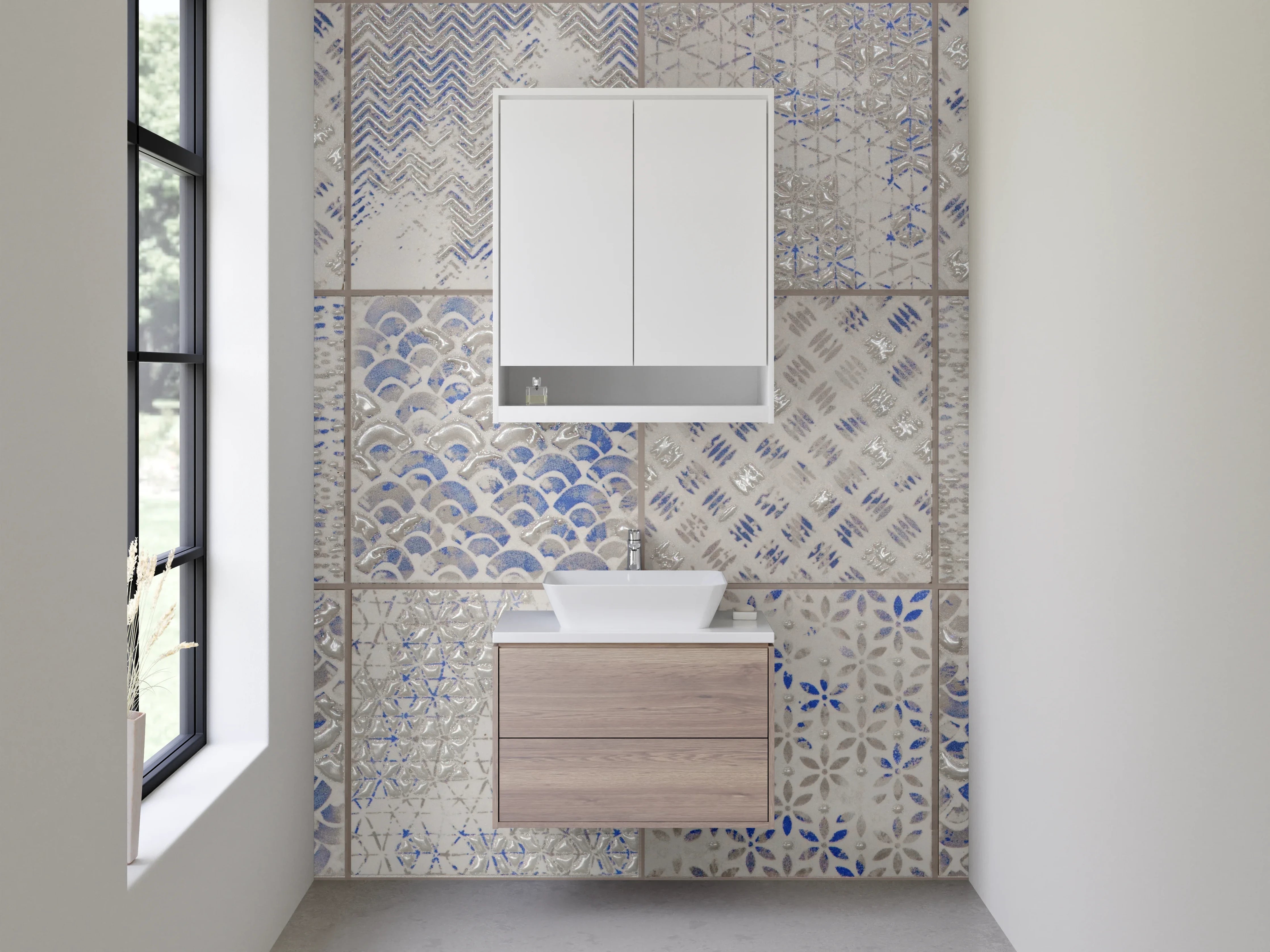 Waschbecken-Rückwand - Retro Fliesen Mosaik Weiß Blau Grau