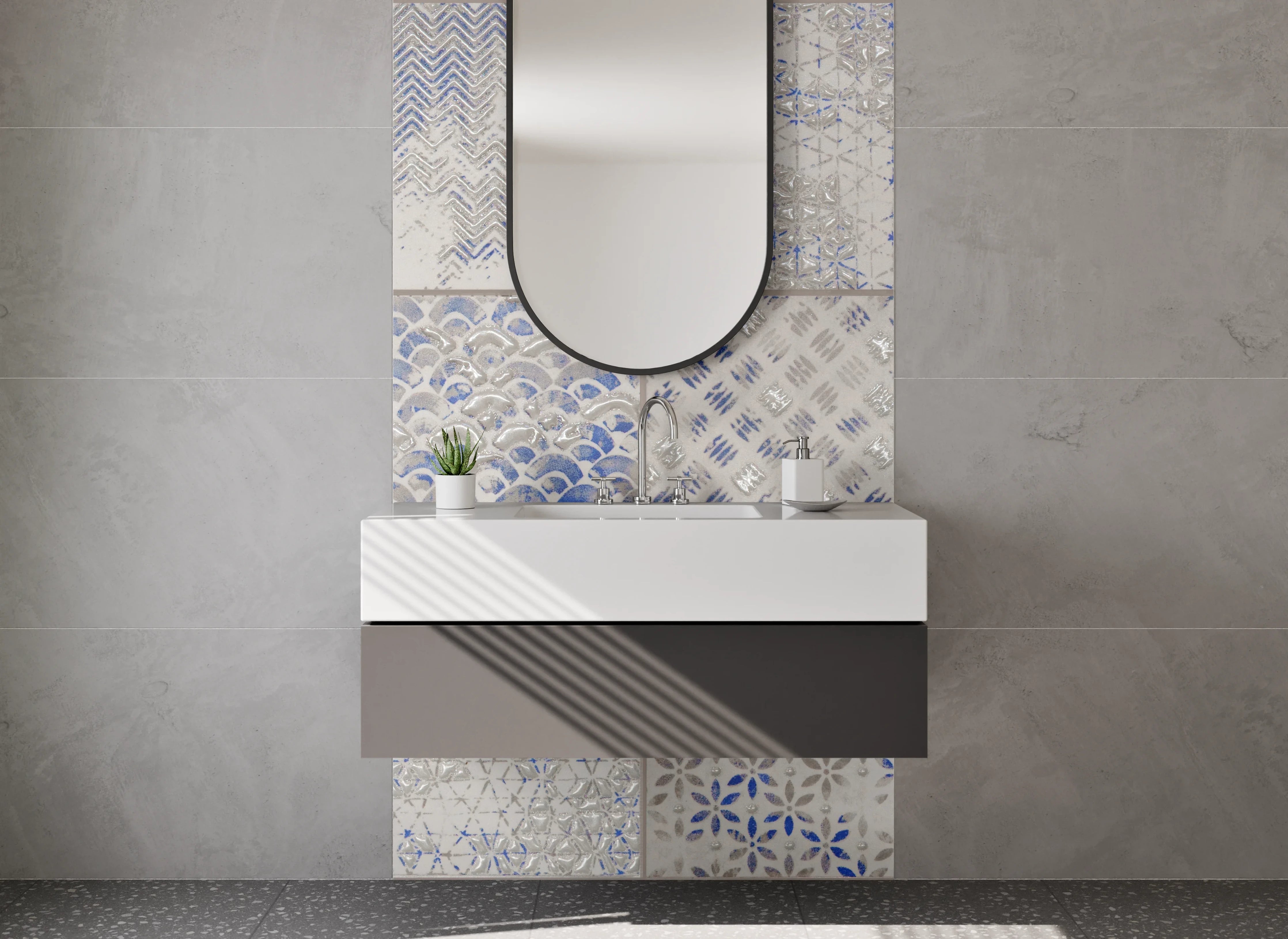 Waschbecken-Rückwand - Retro Fliesen Mosaik Weiß Blau Grau