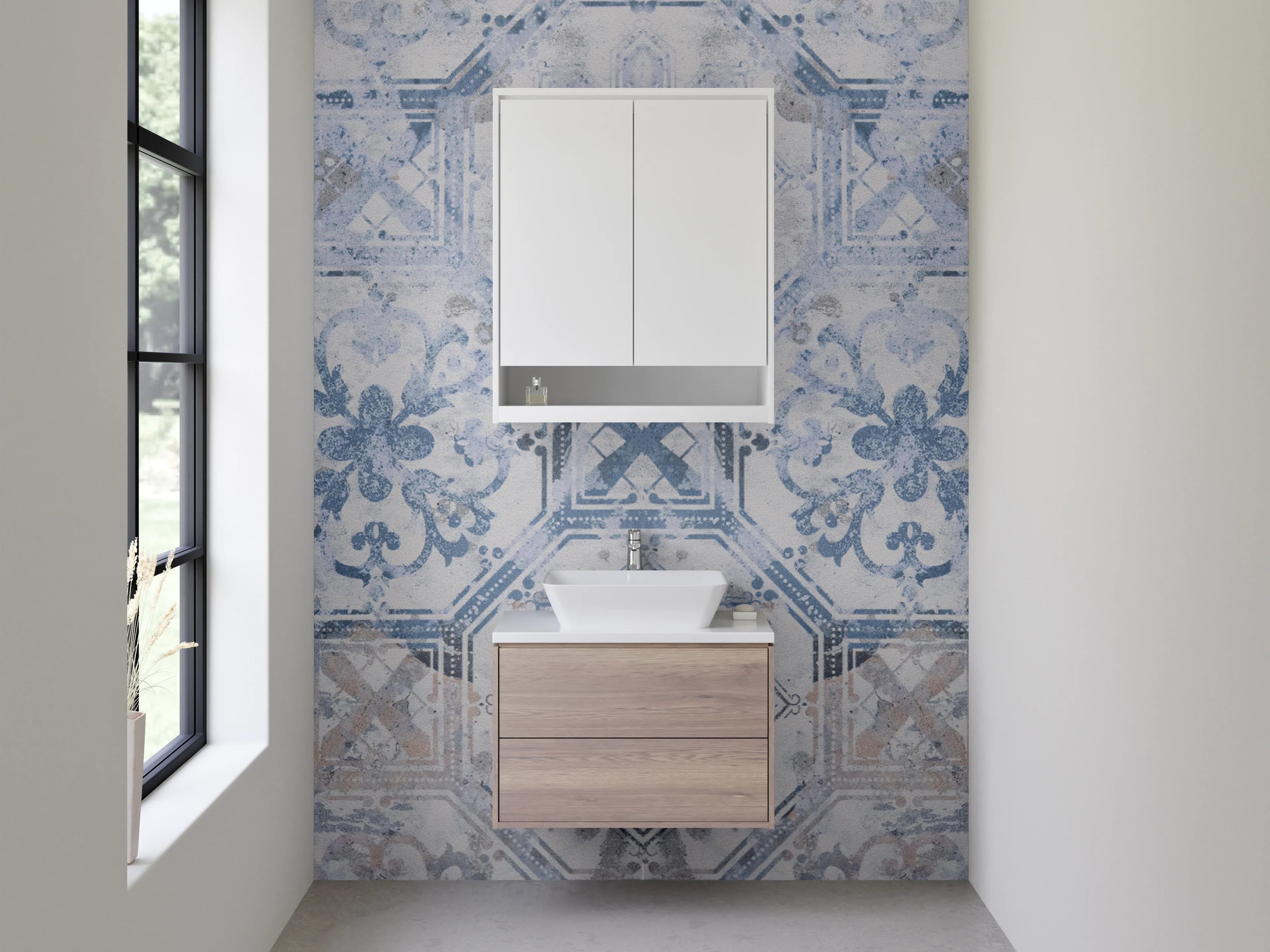 Waschbecken-Rückwand - Retro-Fliesendesign in Taubenblau und Silbergrau