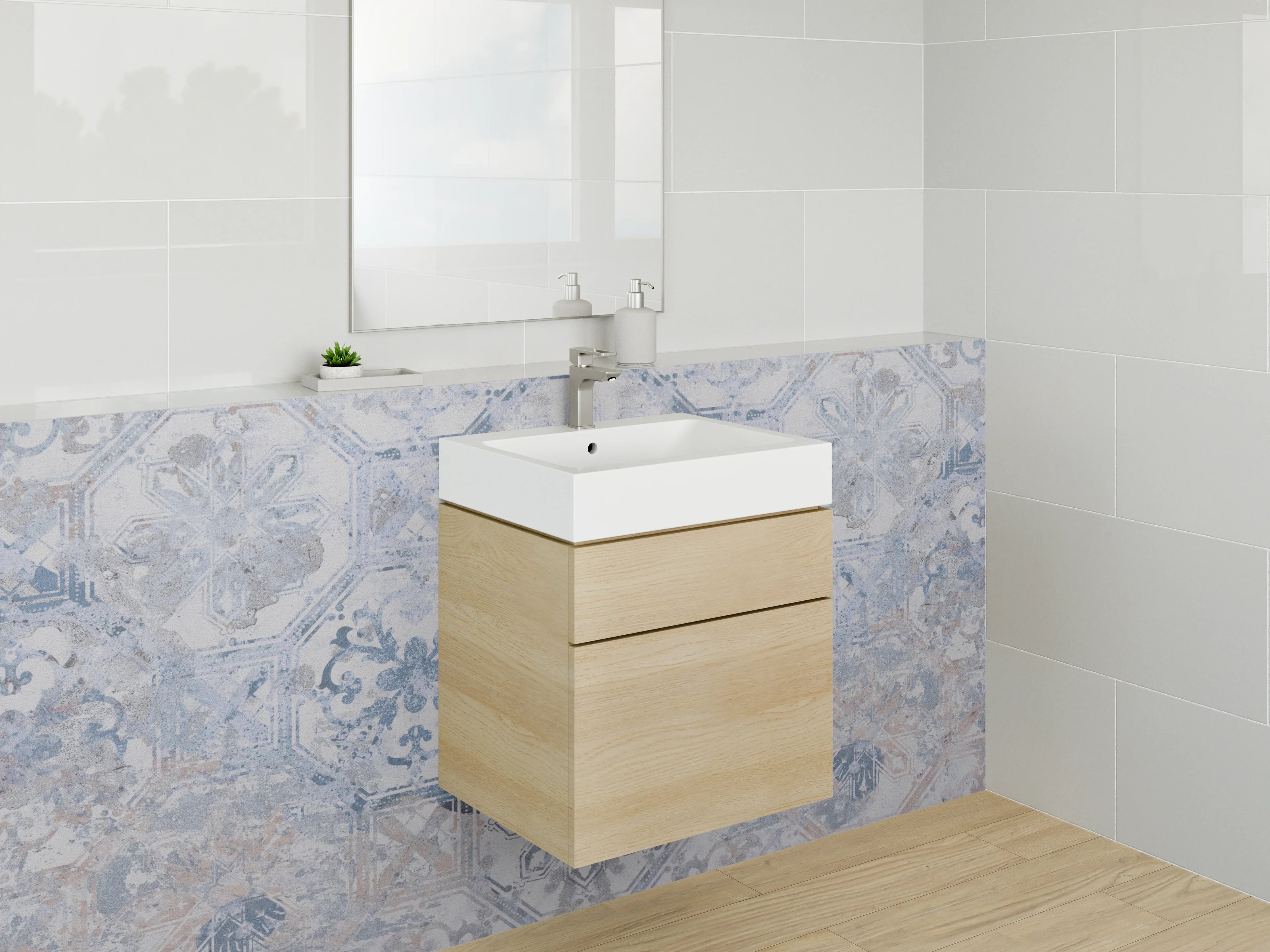 Waschbecken-Rückwand - Retro-Fliesendesign in Taubenblau und Silbergrau