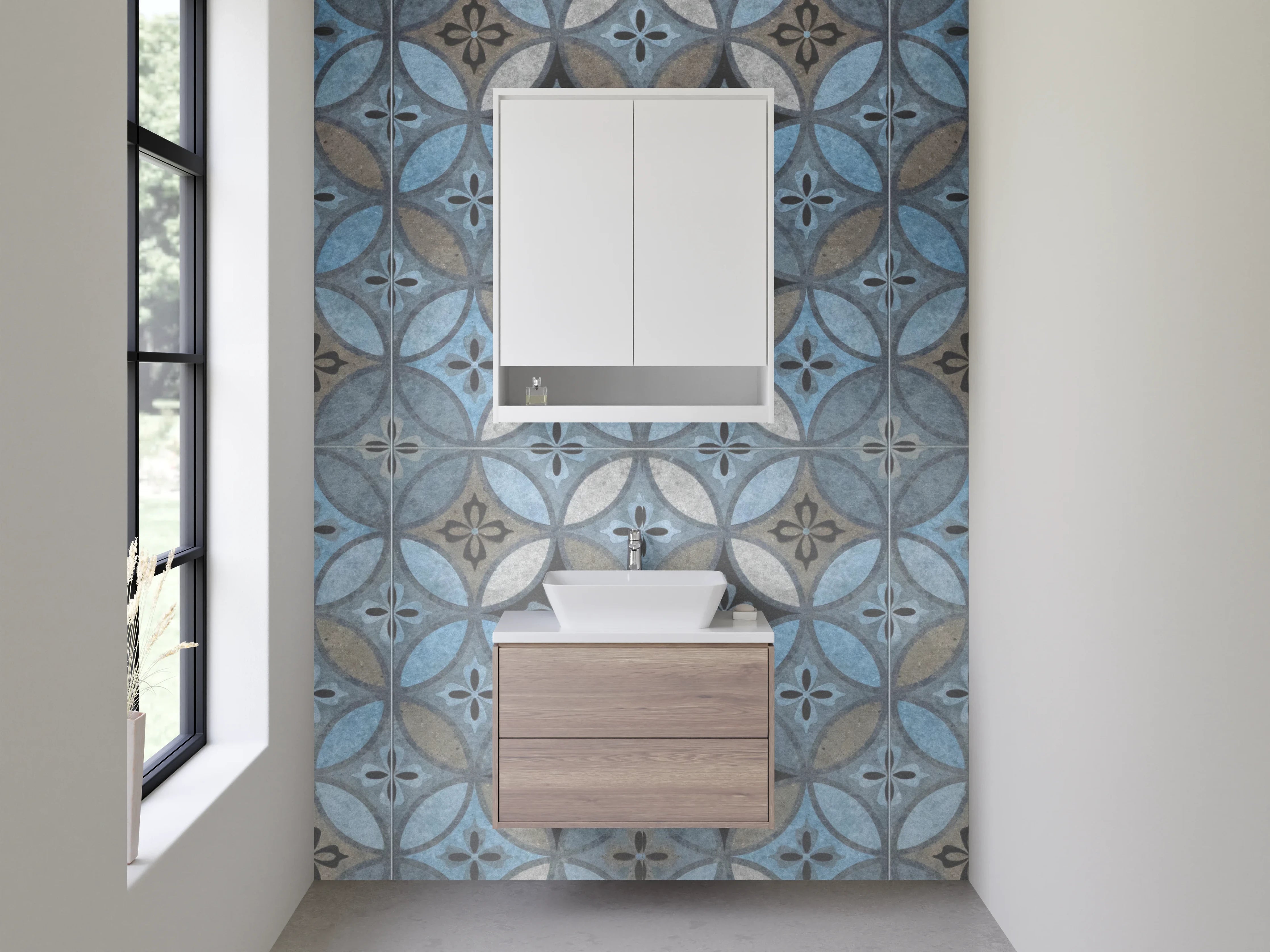 Waschbecken-Rückwand - Retro-Fliesendesign: Blautöne & Grauweiß