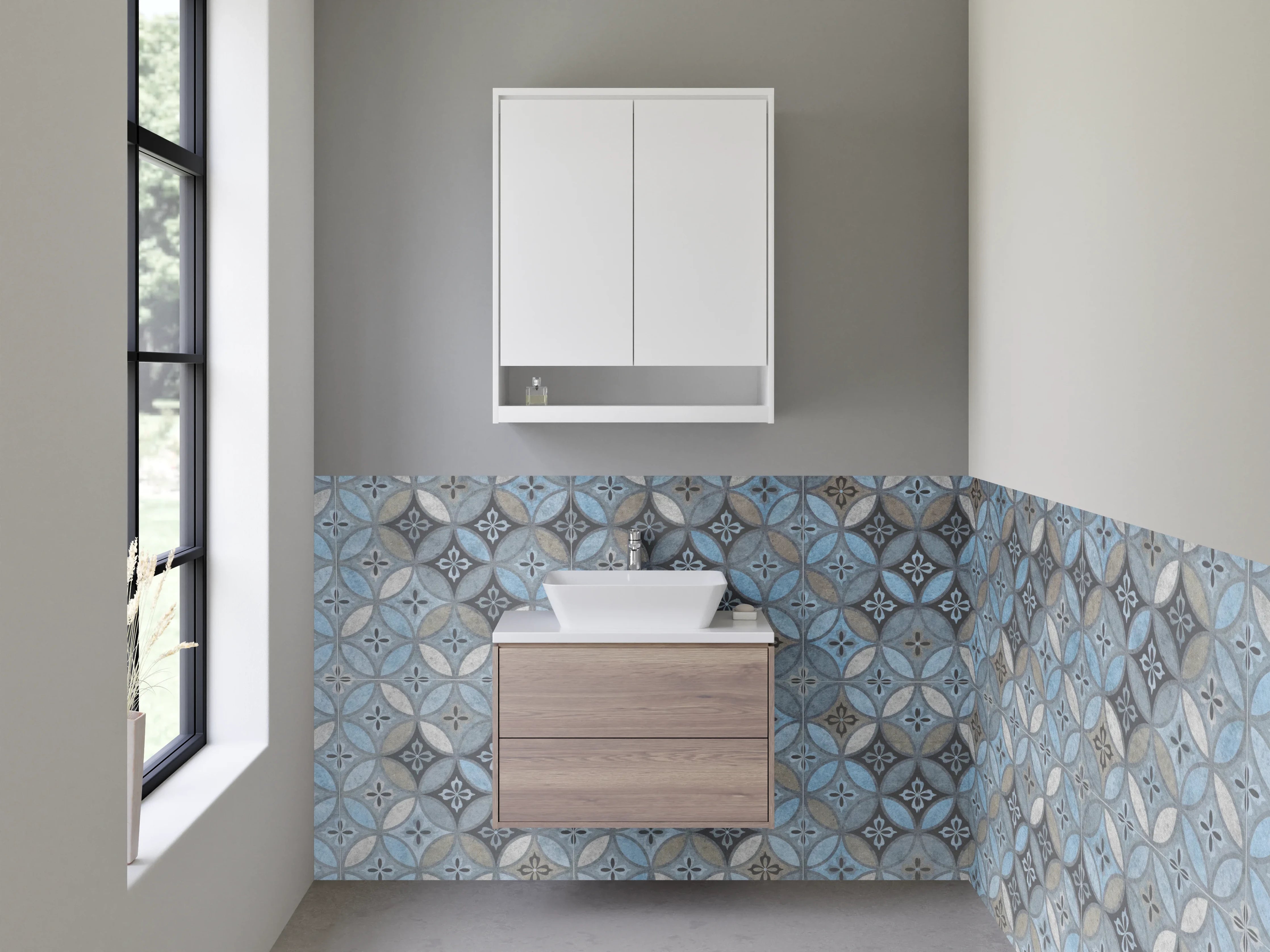 Waschbecken-Rückwand - Retro-Fliesendesign: Blautöne & Grauweiß