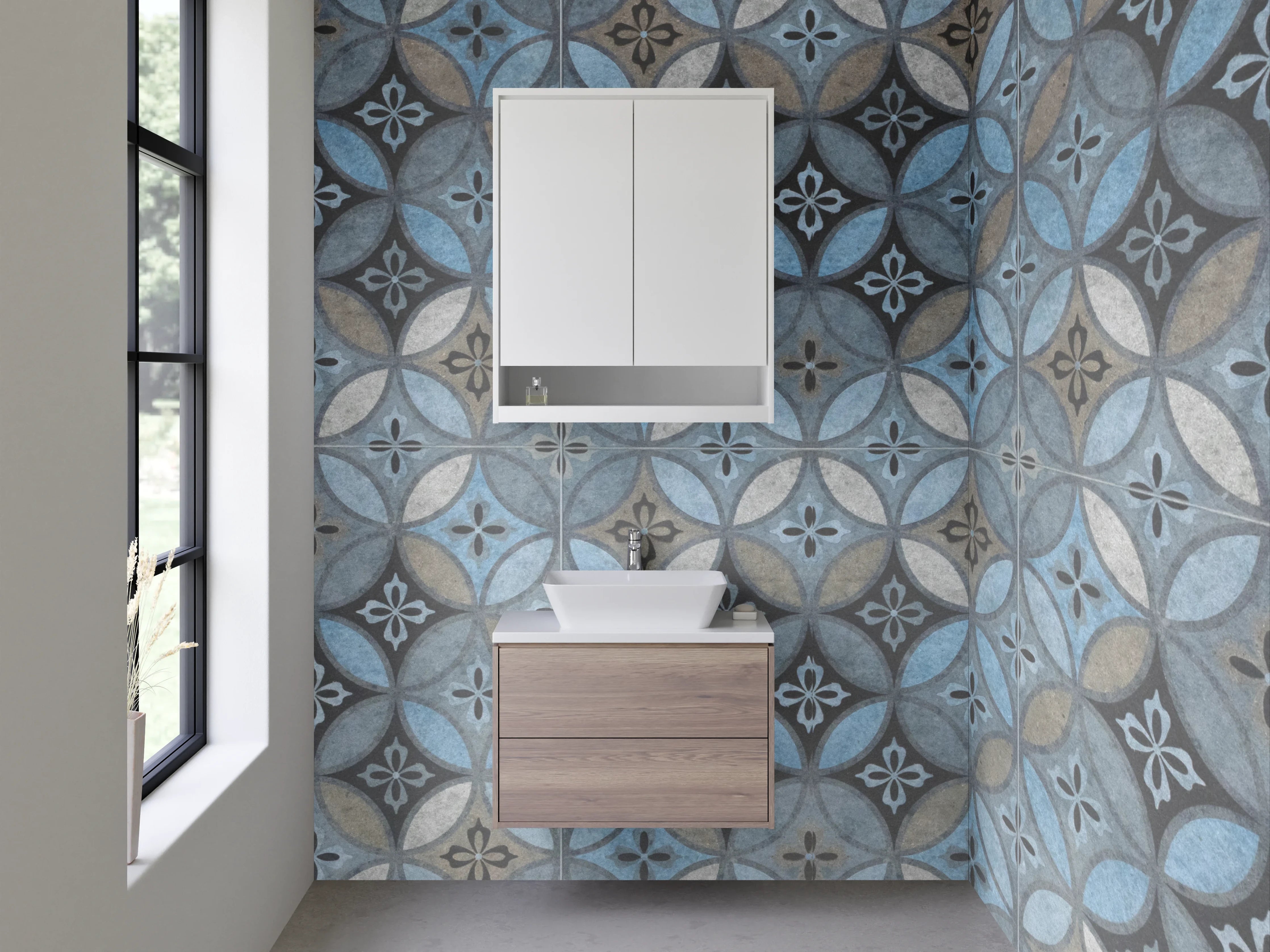 Waschbecken-Rückwand - Retro-Fliesendesign: Blautöne & Grauweiß