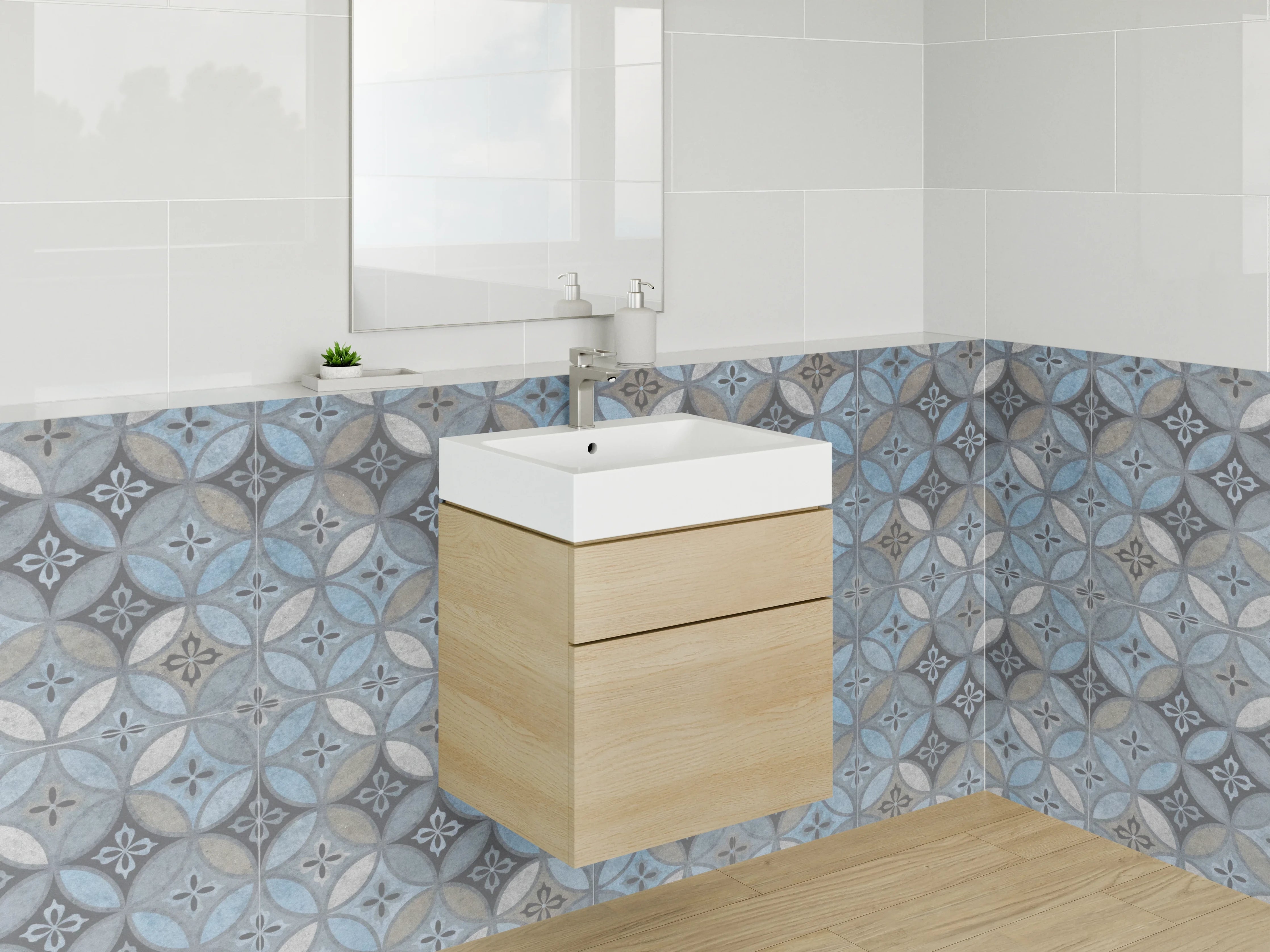 Waschbecken-Rückwand - Retro-Fliesendesign: Blautöne & Grauweiß