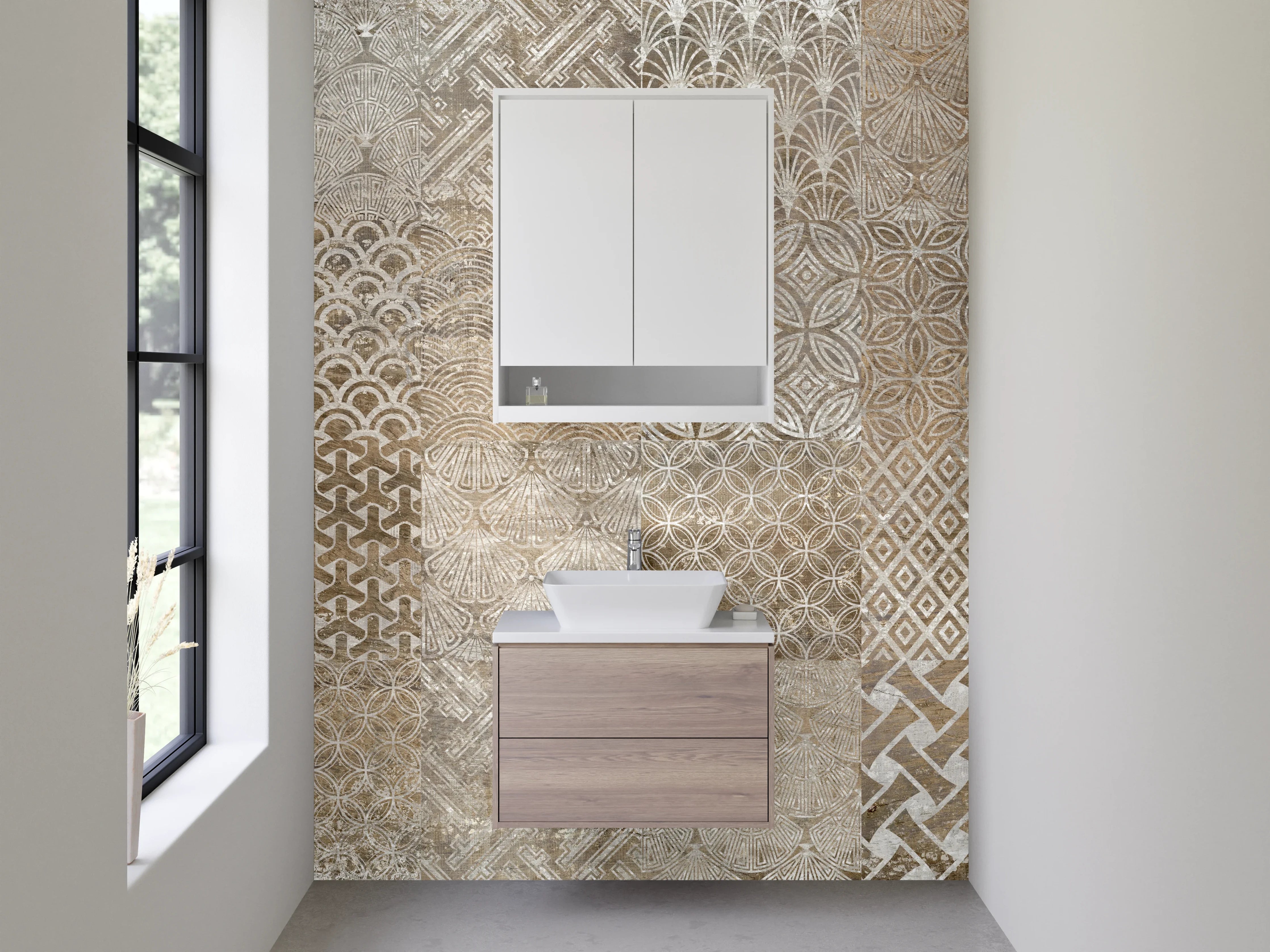 Waschbecken-Rückwand - Retro Fliesenmix Braun Beige Grau Weiß
