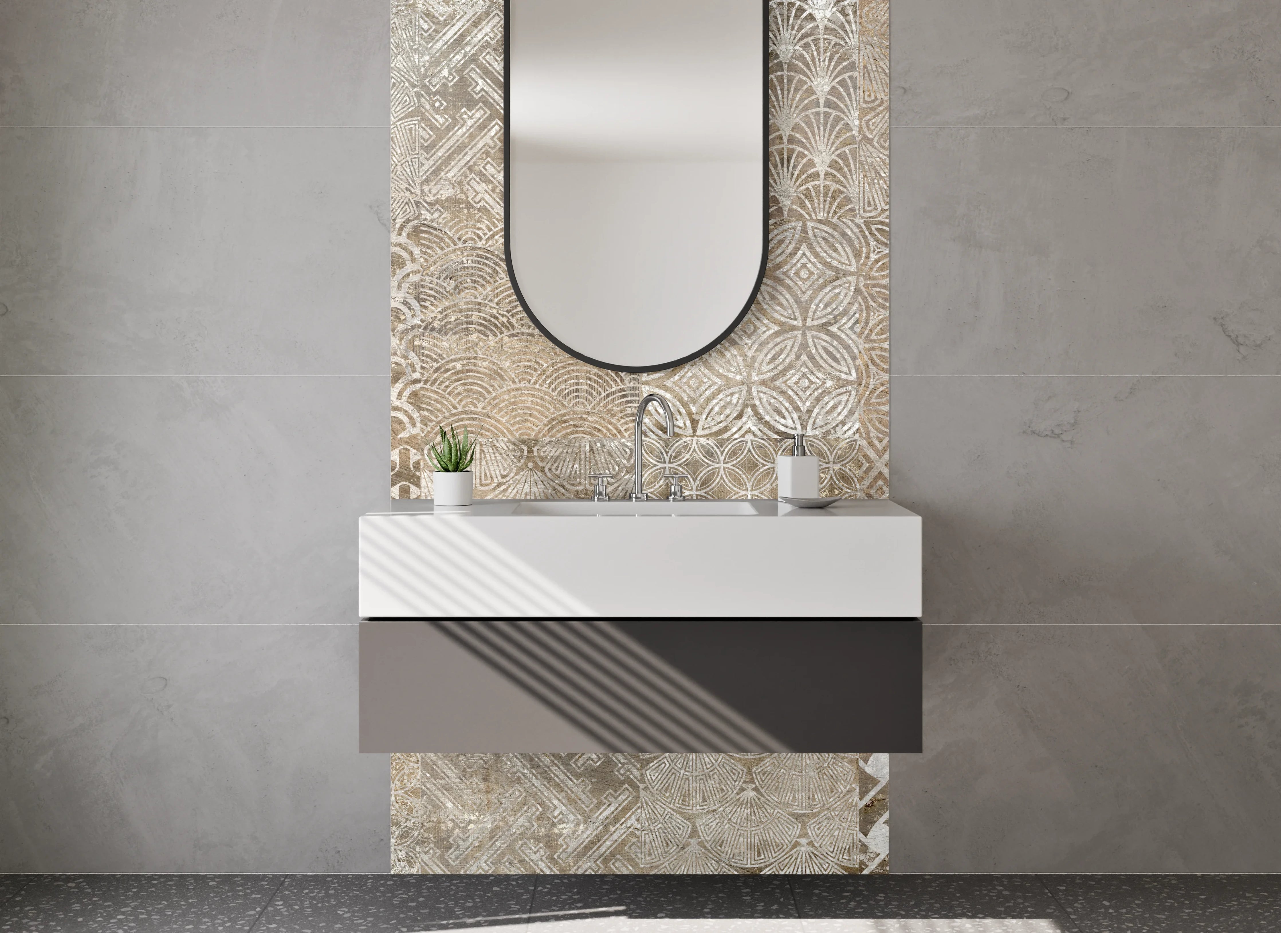 Waschbecken-Rückwand - Retro Fliesenmix Braun Beige Grau Weiß