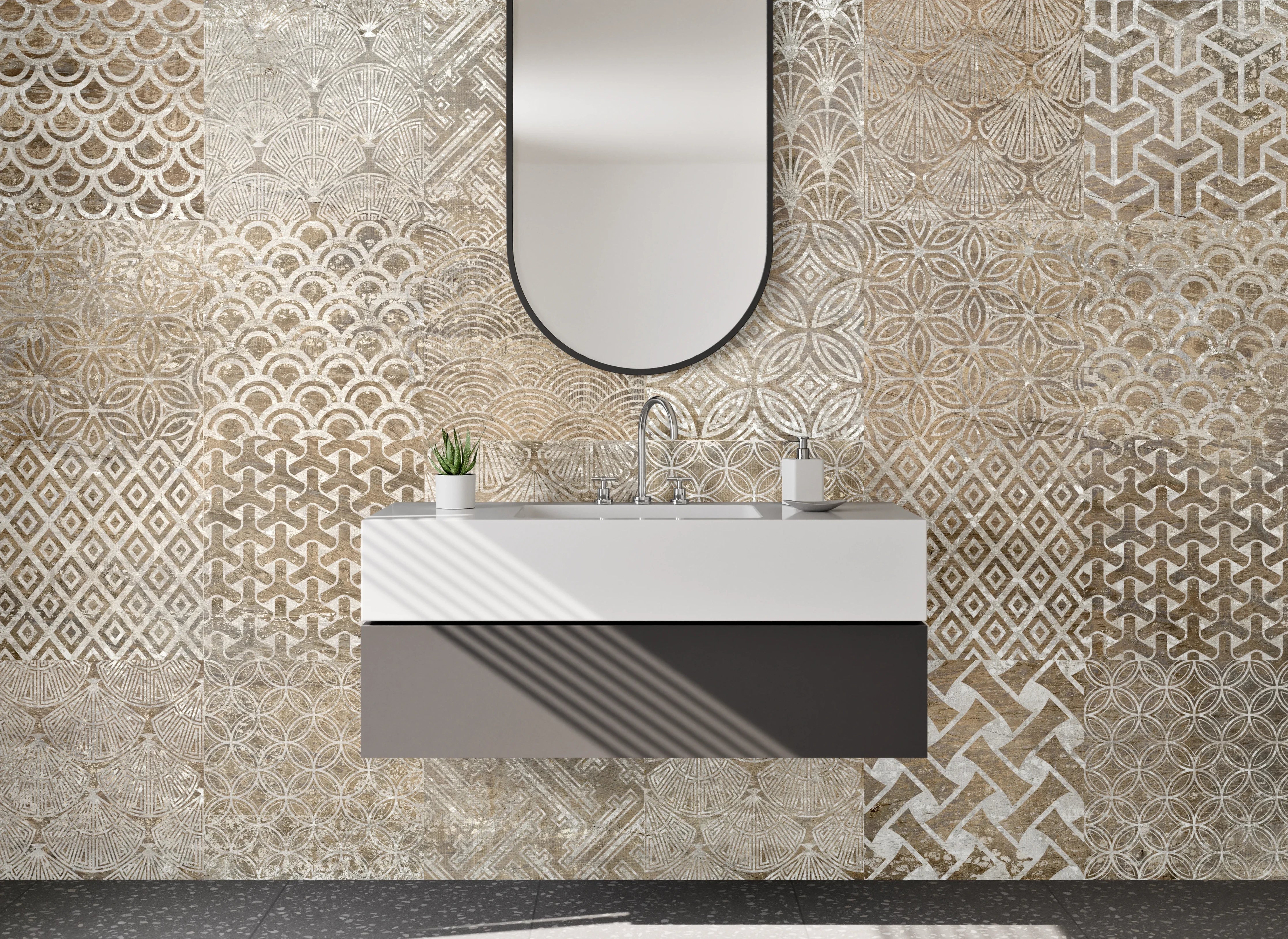 Waschbecken-Rückwand - Retro Fliesenmix Braun Beige Grau Weiß