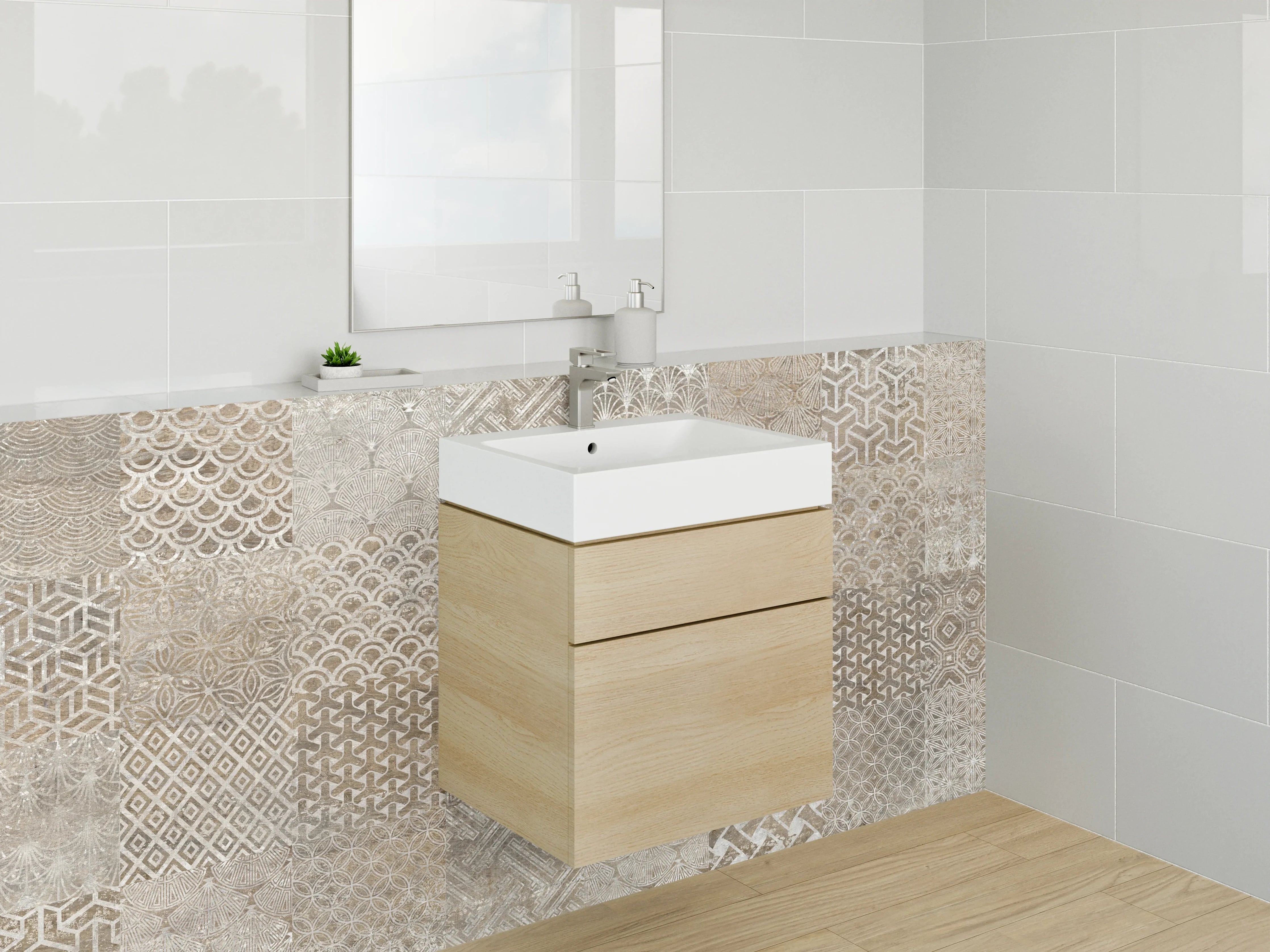 Waschbecken-Rückwand - Retro Fliesenmix Braun Beige Grau Weiß
