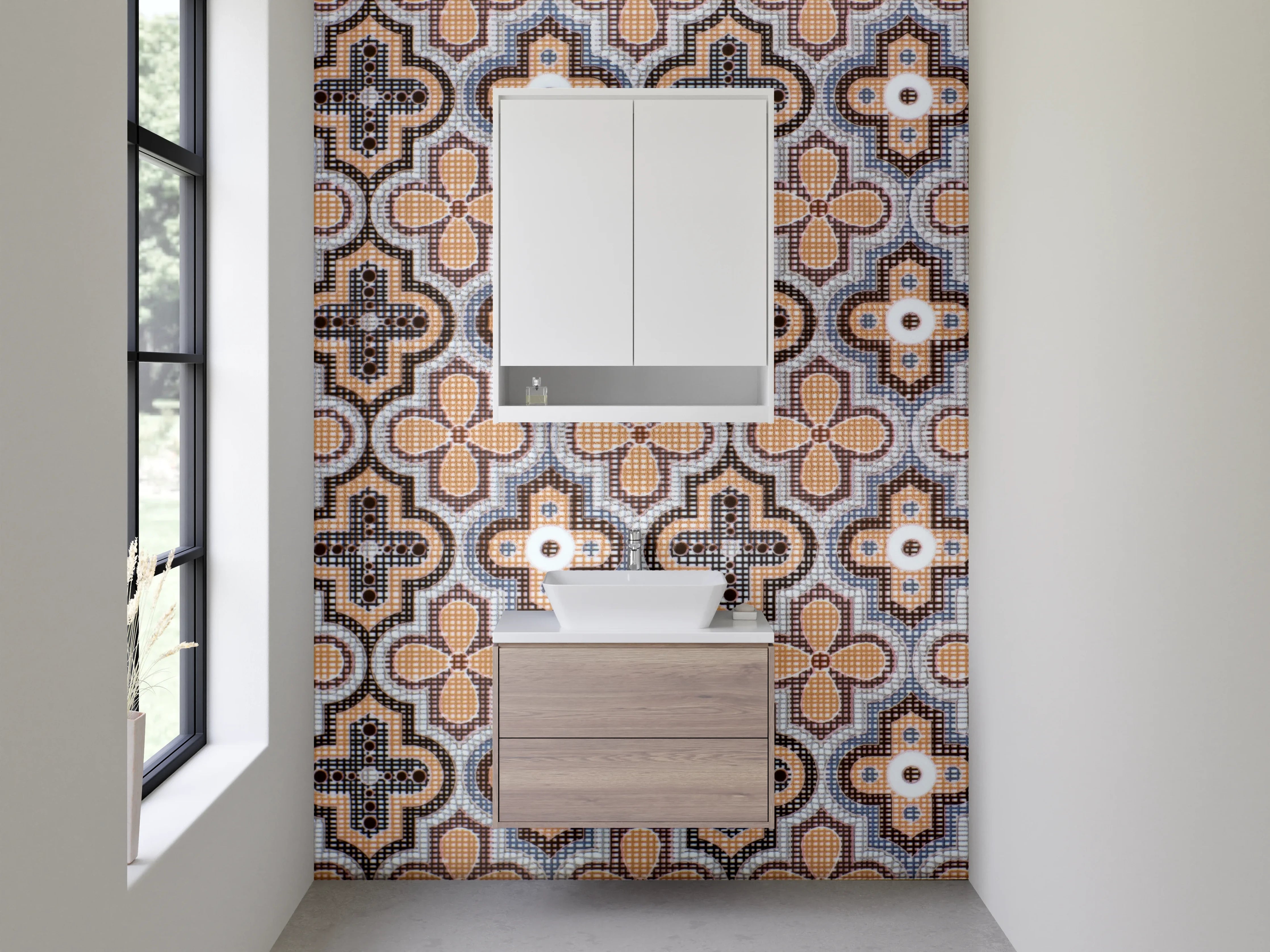 Waschbecken-Rückwand - Retro-Fliesenmuster Braun Beige Grau