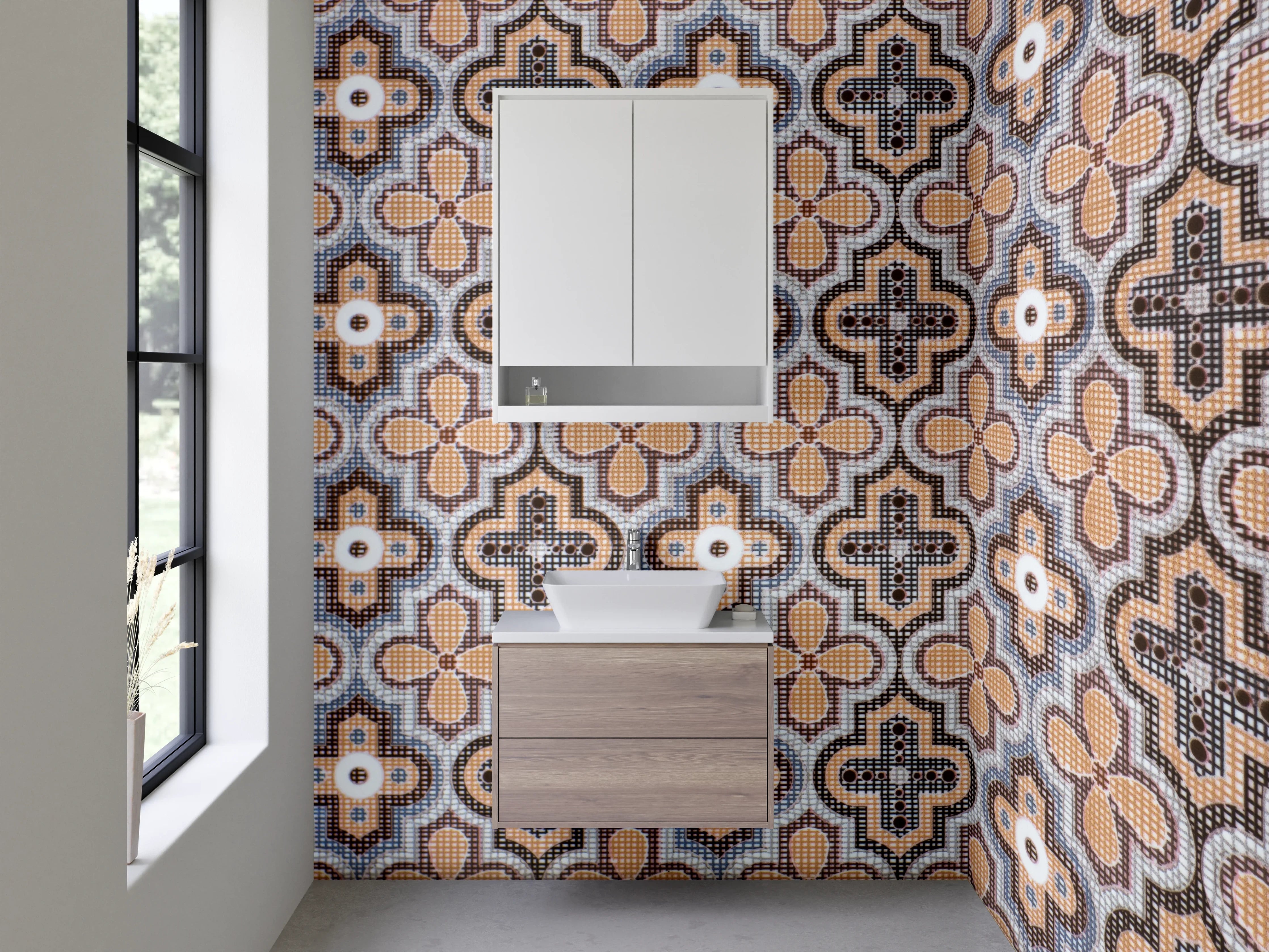 Waschbecken-Rückwand - Retro-Fliesenmuster Braun Beige Grau