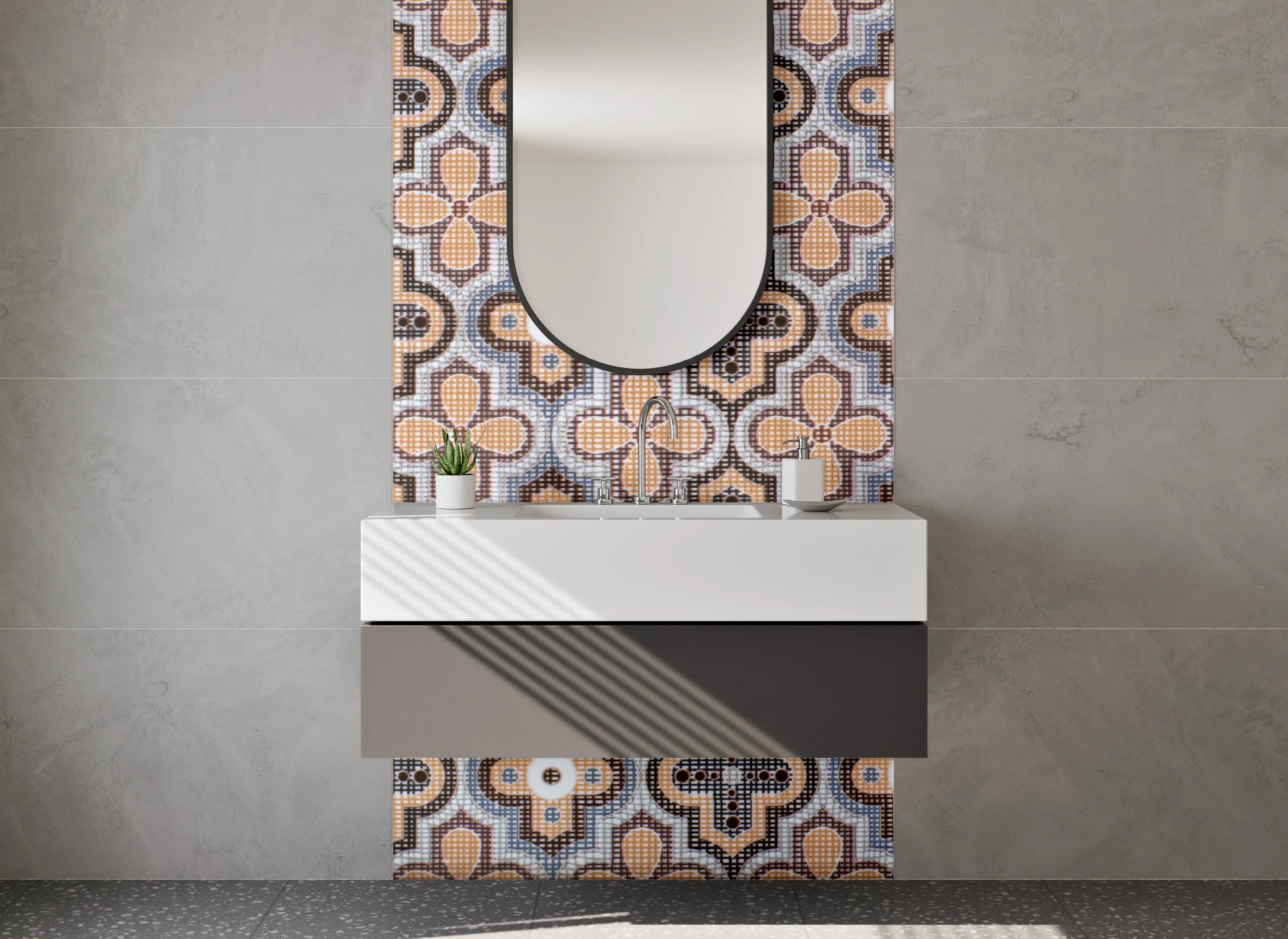 Waschbecken-Rückwand - Retro-Fliesenmuster Braun Beige Grau