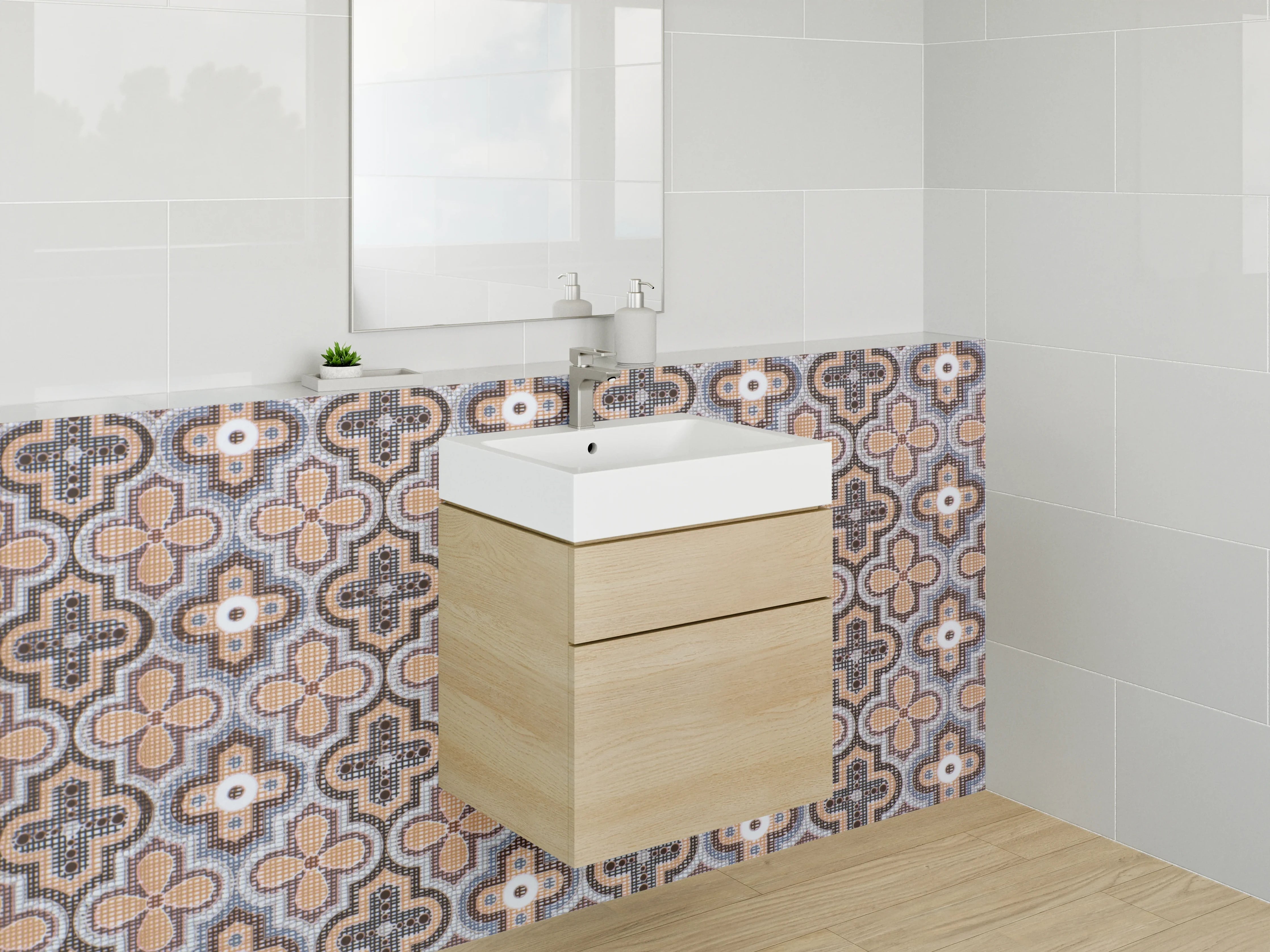 Waschbecken-Rückwand - Retro-Fliesenmuster Braun Beige Grau