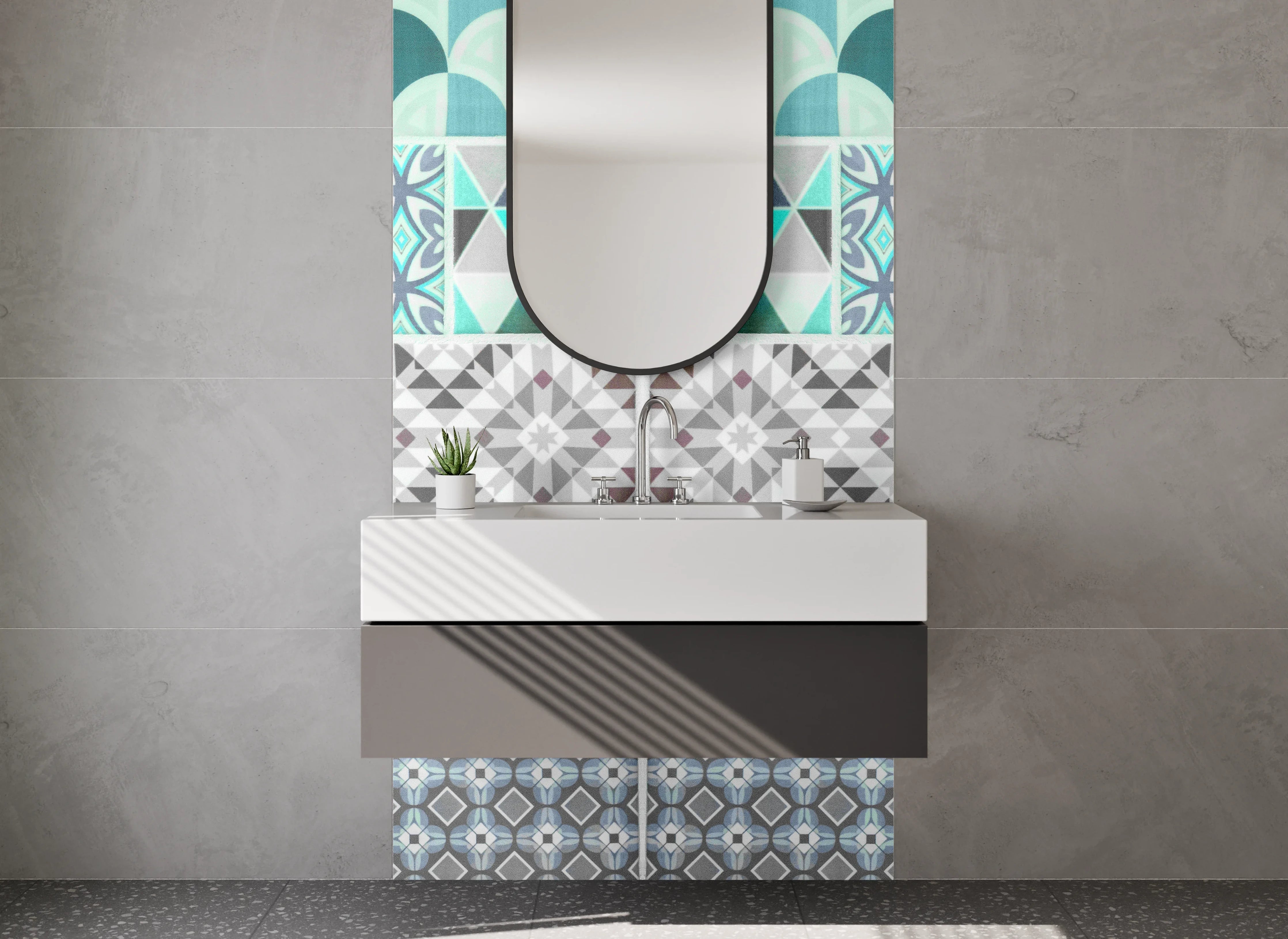 Waschbecken-Rückwand - Retro Fliesenmuster Türkis-Grau Modern