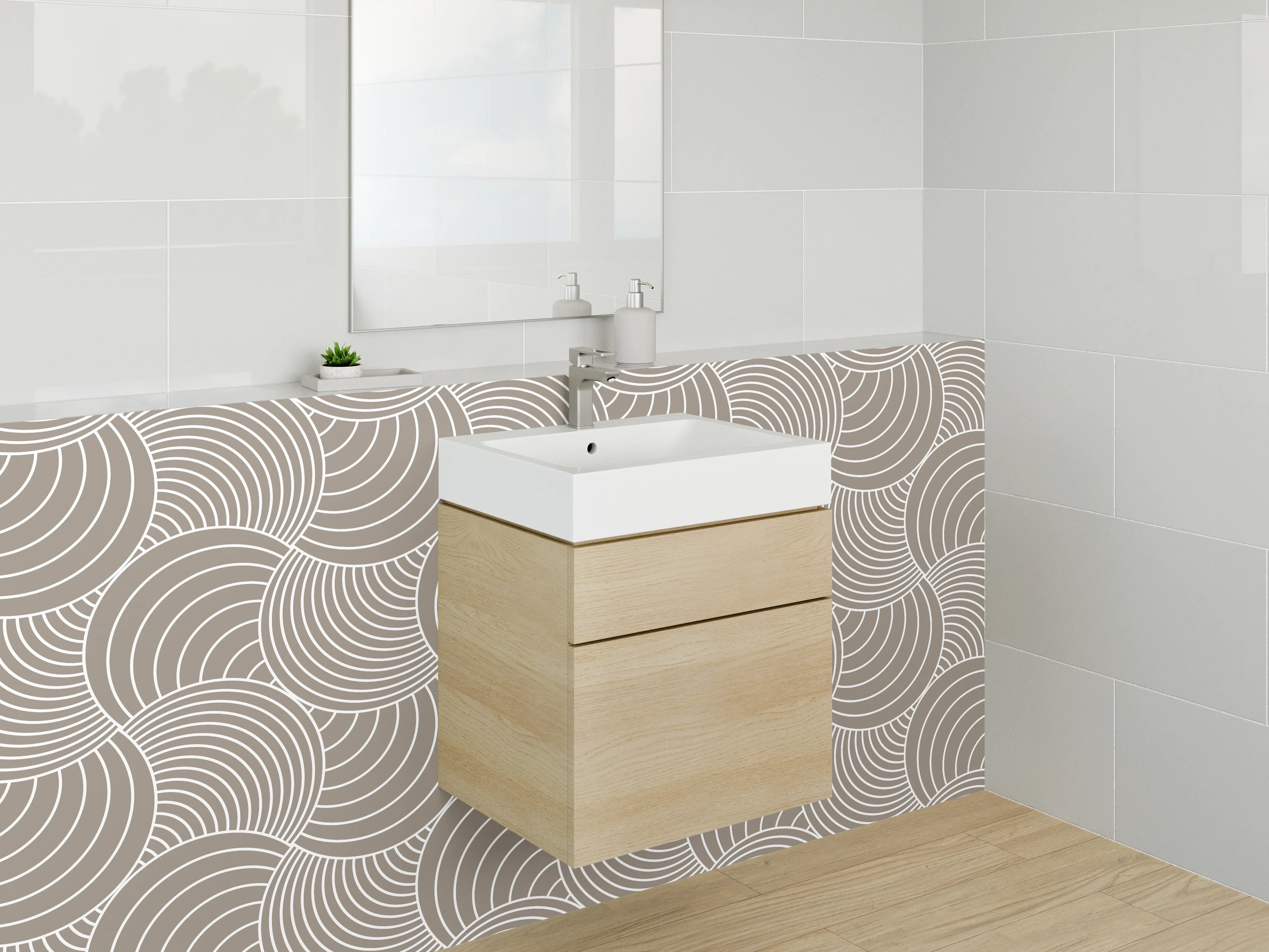 Waschbecken-Rückwand - Retro Geometrie: Beige-Grau-Weiß Muster