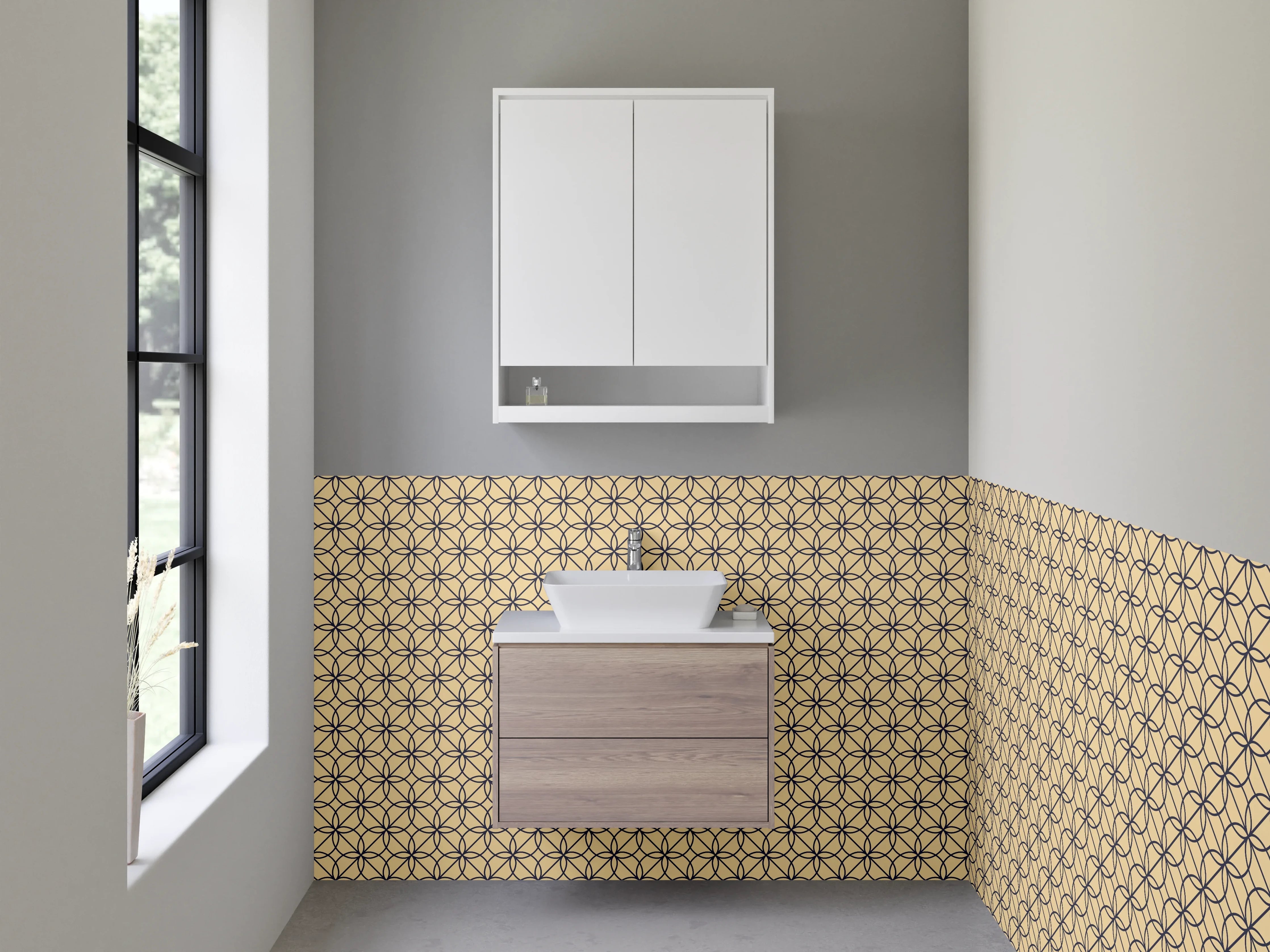 Waschbecken-Rückwand - Retro-Grafik in Taupe und Grau