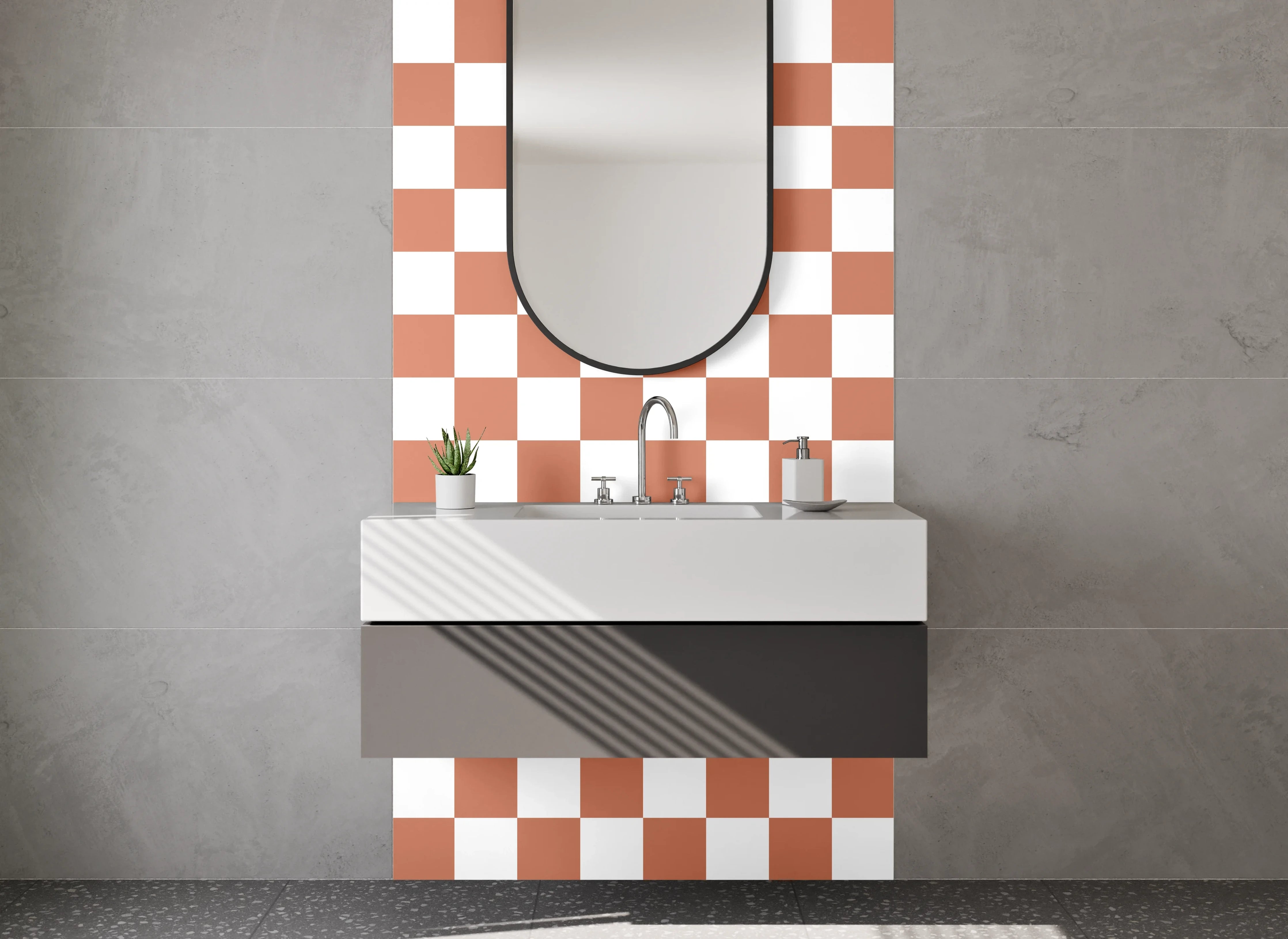 Waschbecken-Rückwand - Retro Karo Muster Braun Weiß