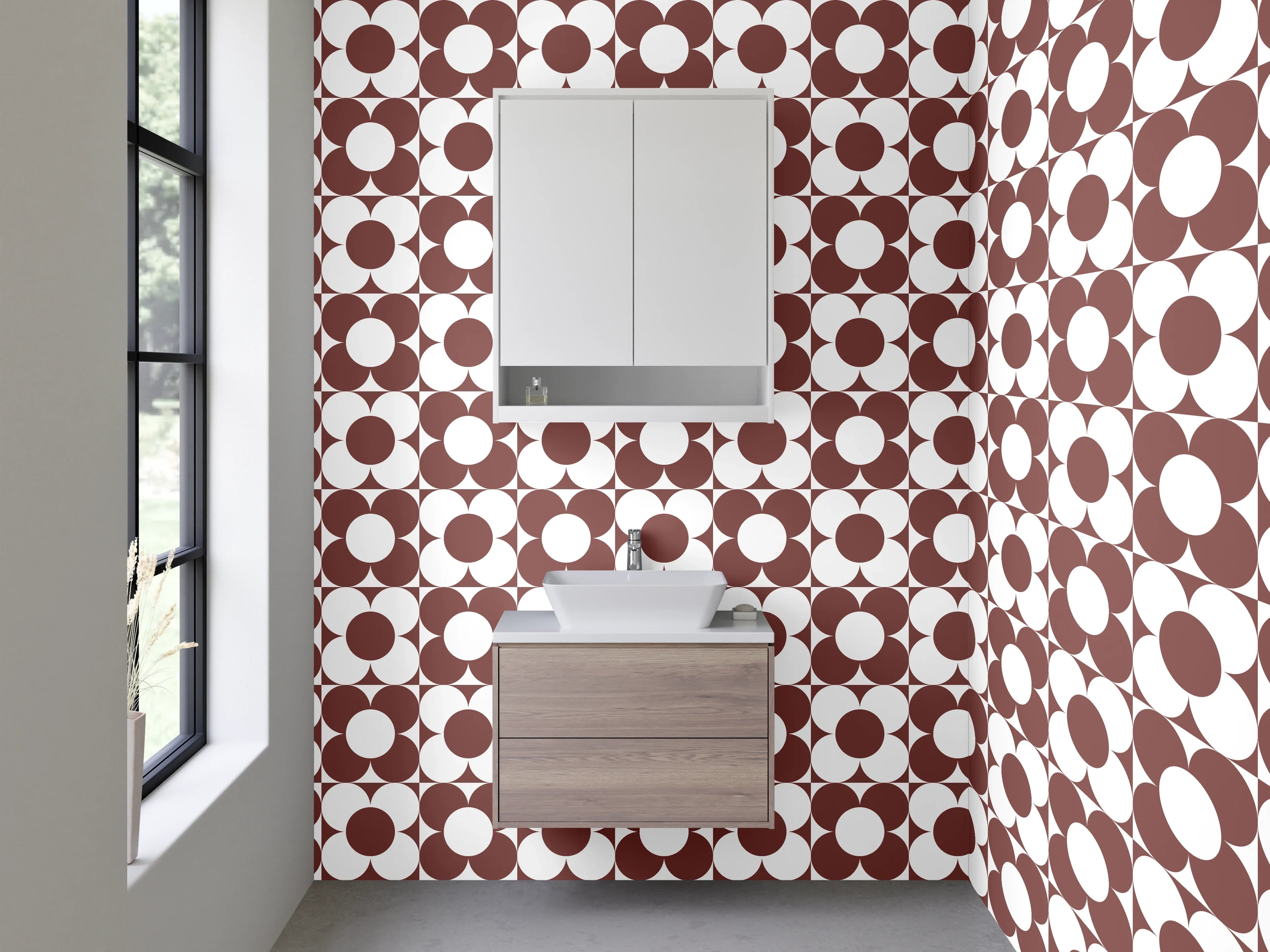 Waschbecken-Rückwand - Retro Kreis Muster Braun Weiß
