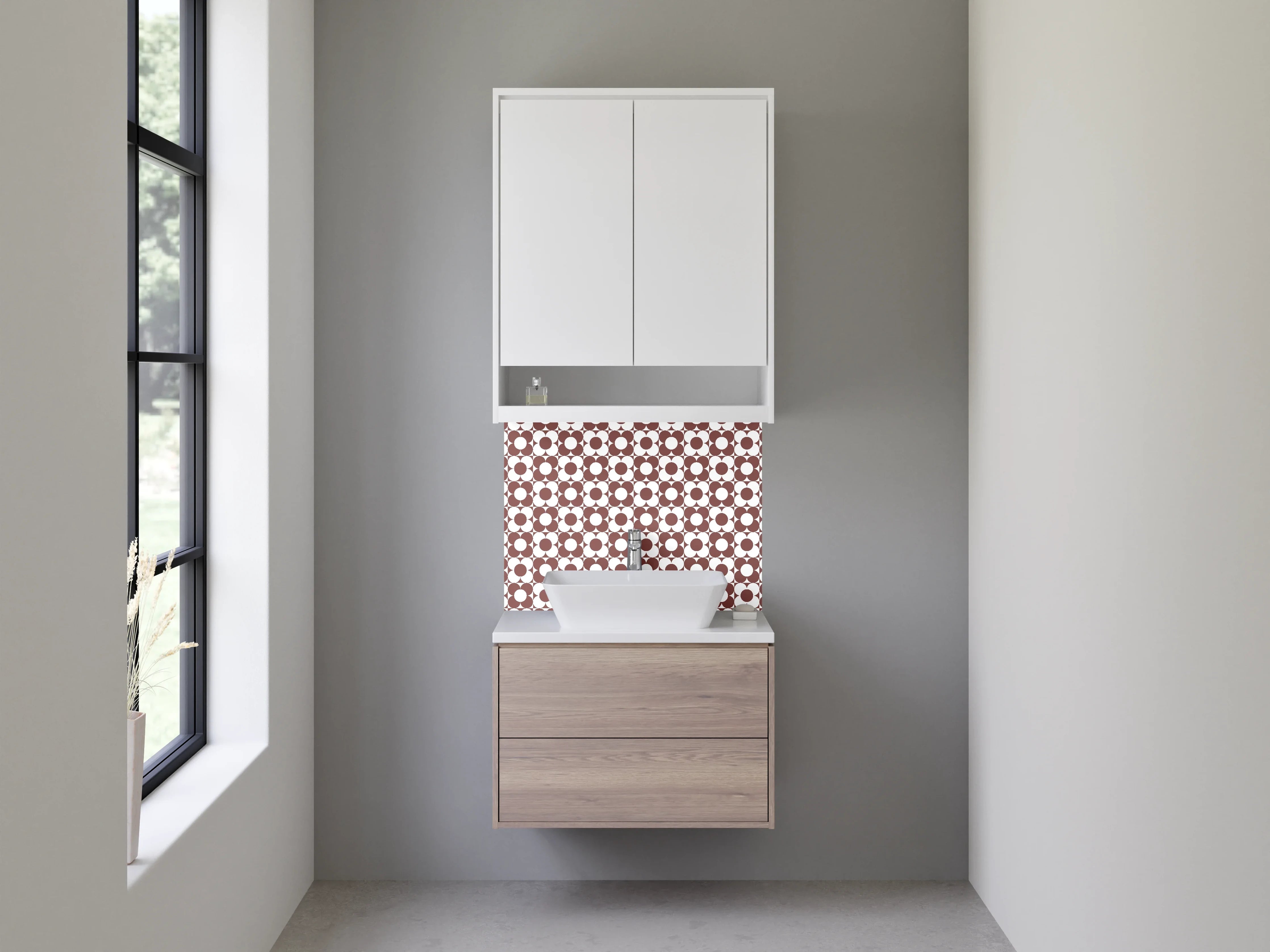 Waschbecken-Rückwand - Retro Kreis Muster Braun Weiß