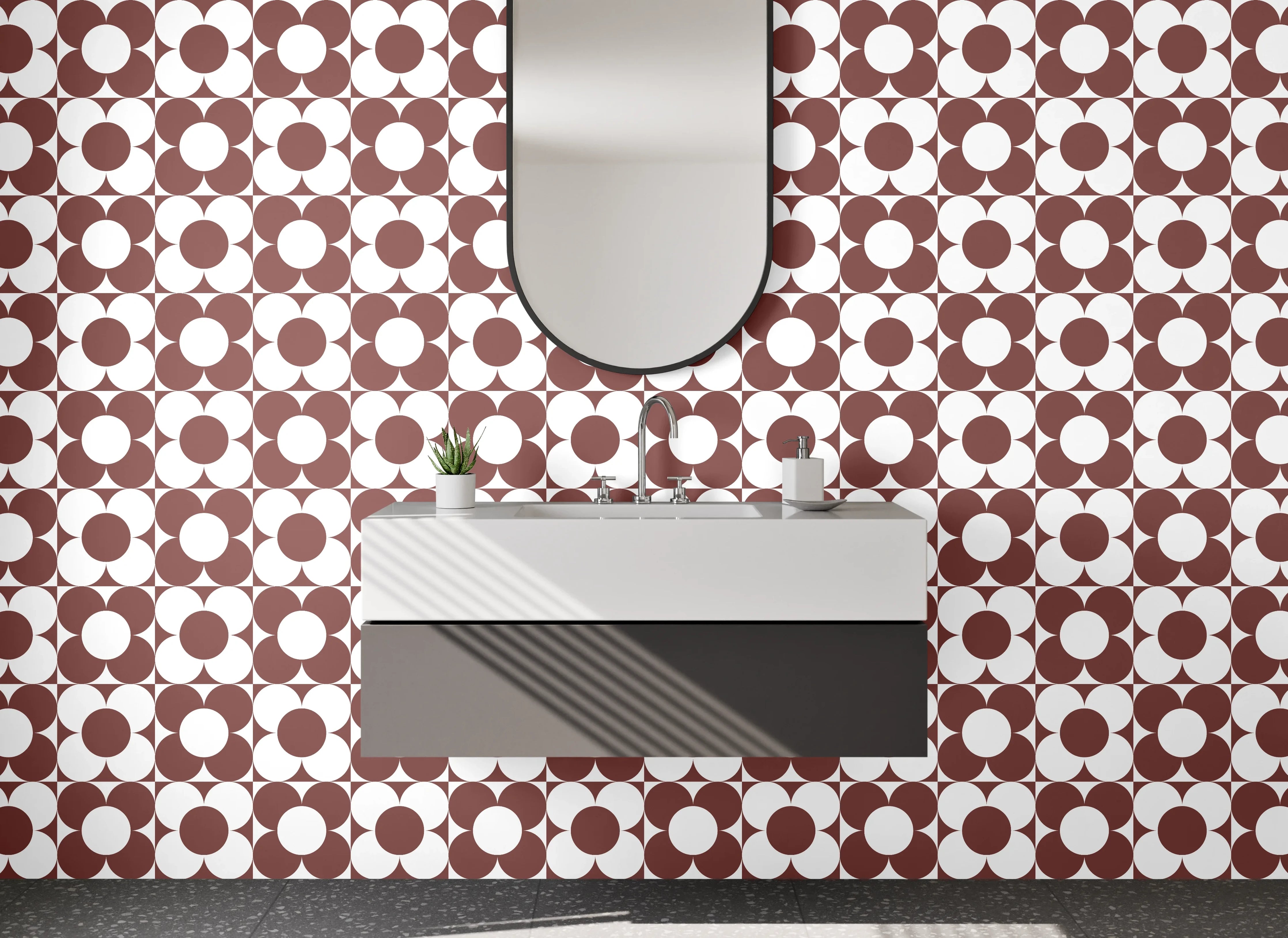 Waschbecken-Rückwand - Retro Kreis Muster Braun Weiß