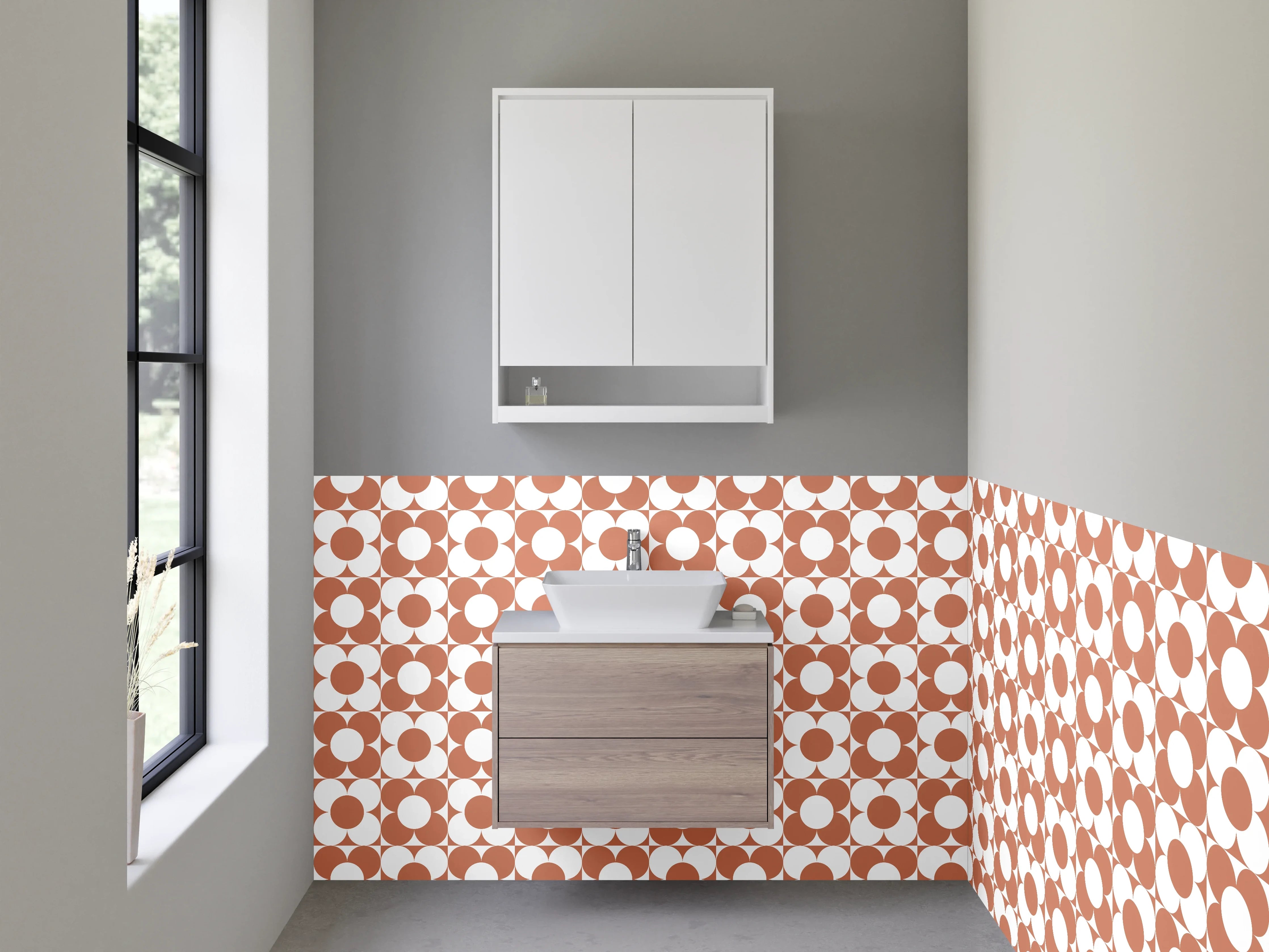 Waschbecken-Rückwand - Retro Kreis Muster Orange Weiß