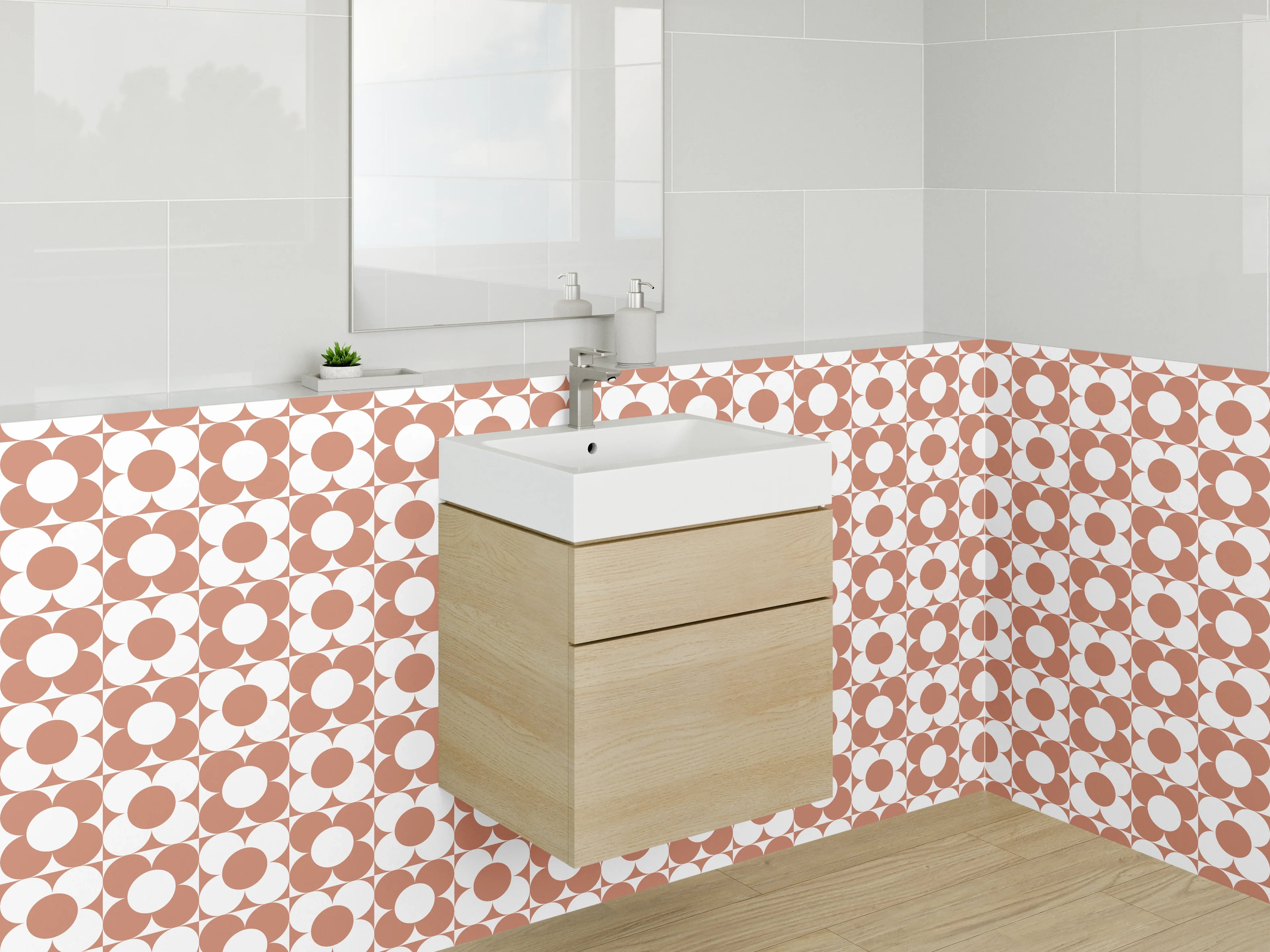 Waschbecken-Rückwand - Retro Kreis Muster Orange Weiß