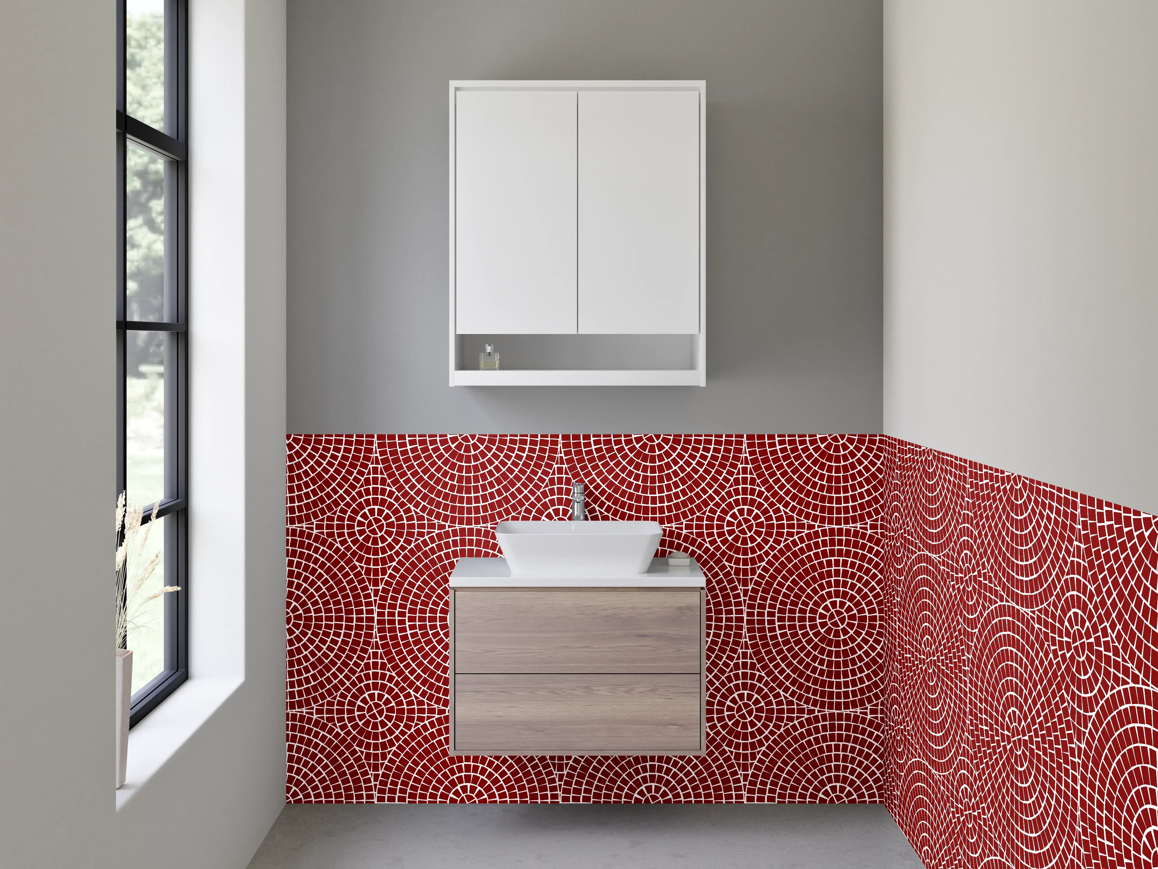 Waschbecken-Rückwand - Retro Kreislinien Muster Rot Weiß