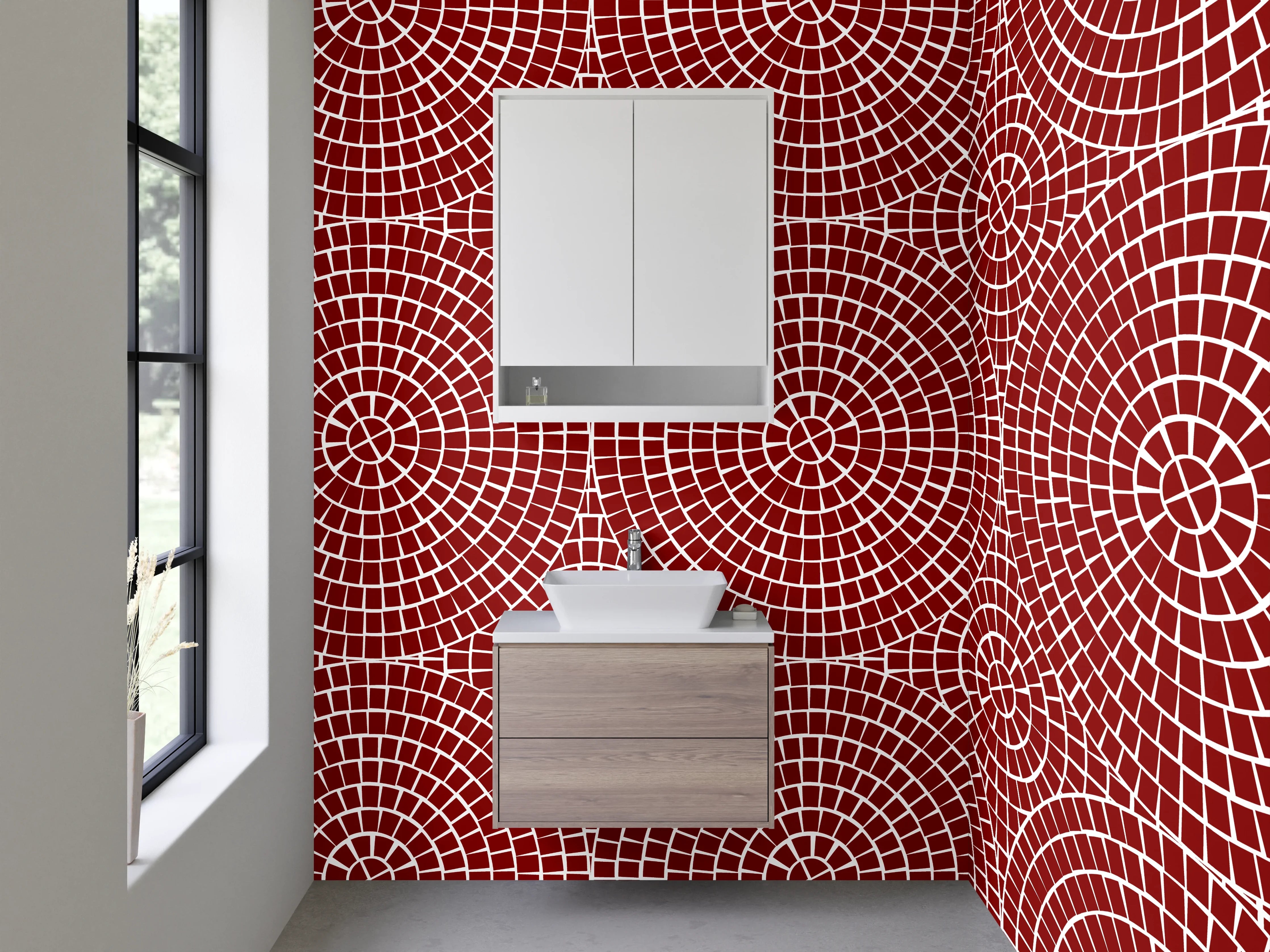 Waschbecken-Rückwand - Retro Kreislinien Muster Rot Weiß
