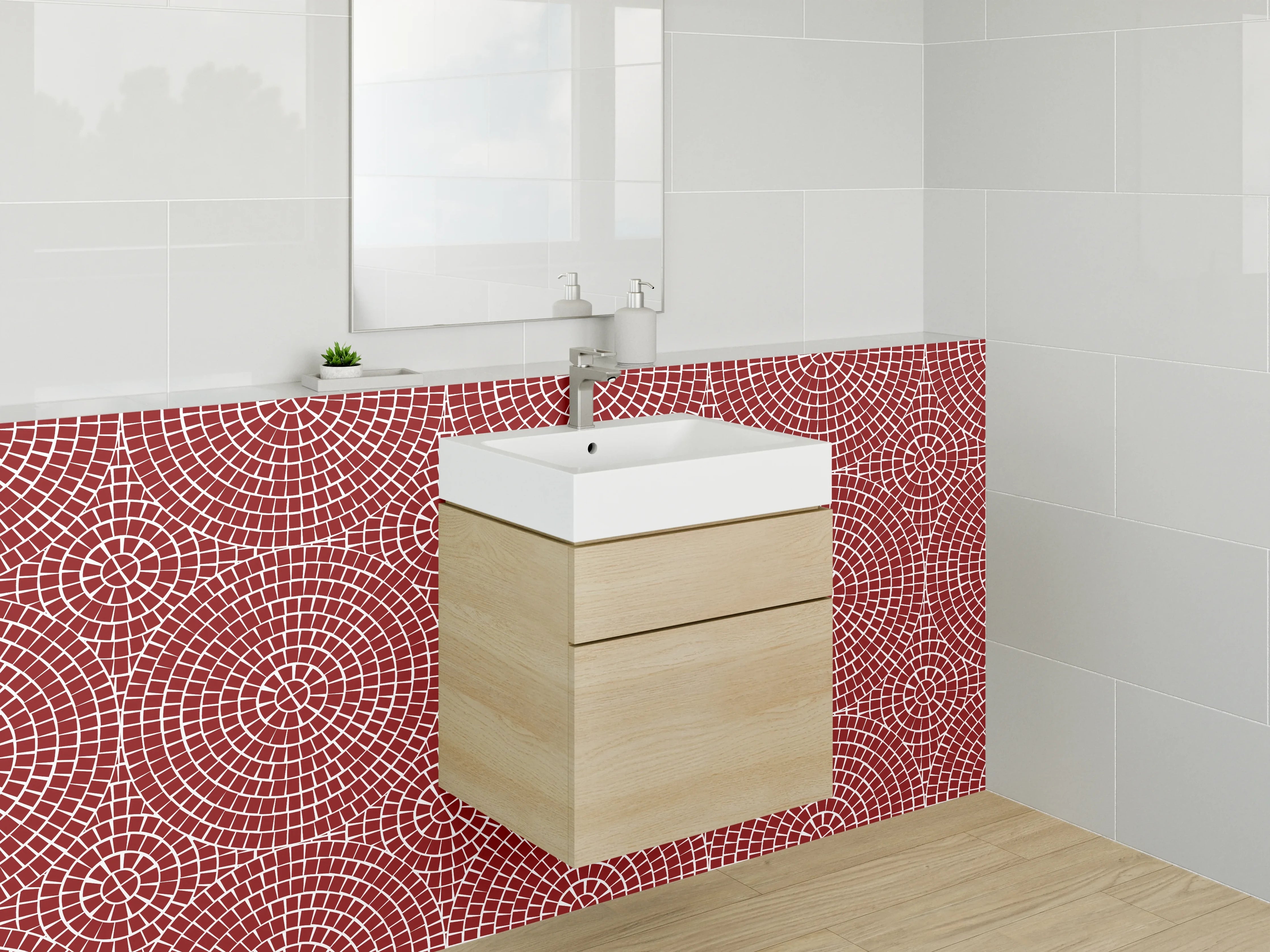 Waschbecken-Rückwand - Retro Kreislinien Muster Rot Weiß