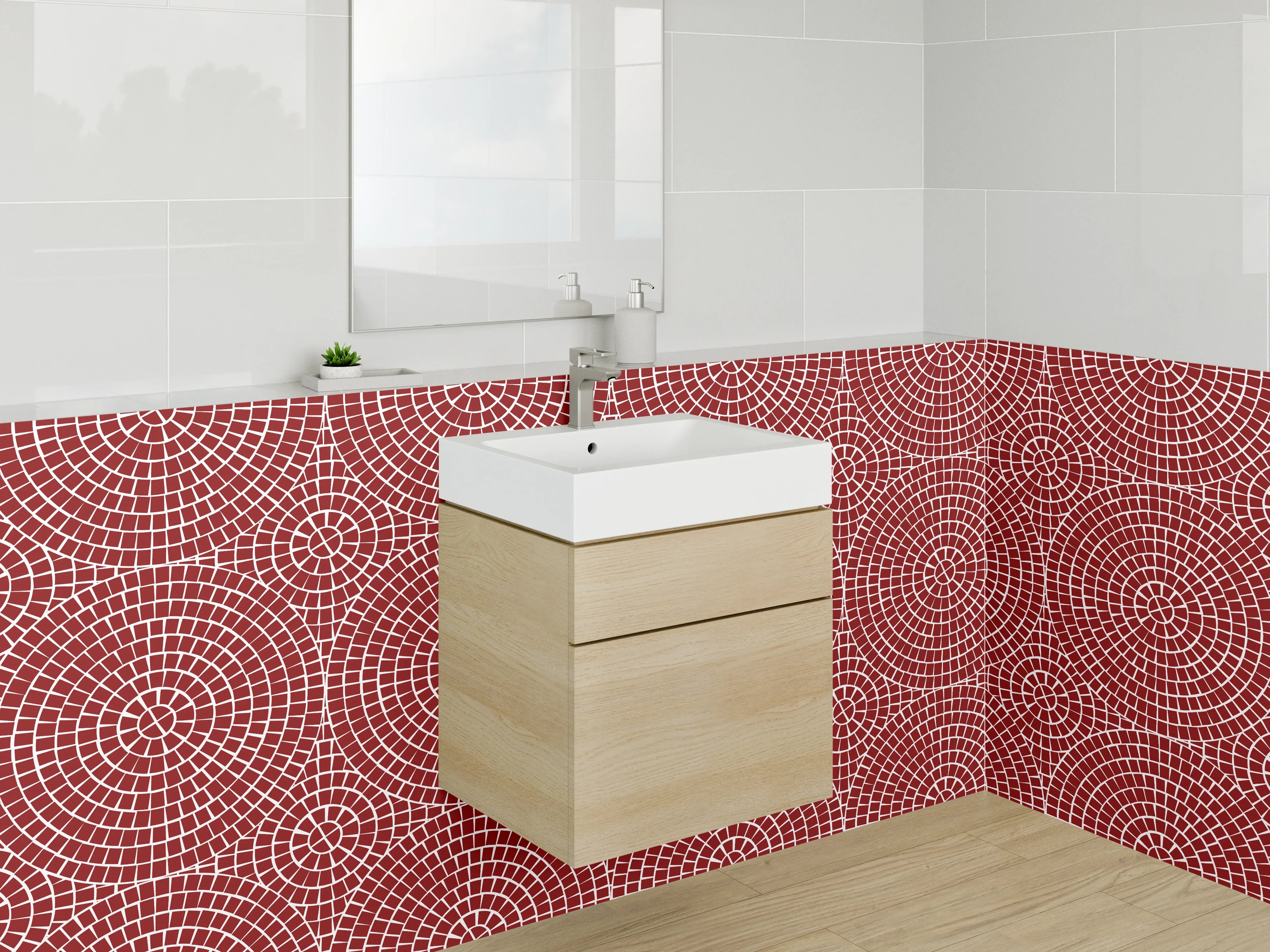 Waschbecken-Rückwand - Retro Kreislinien Muster Rot Weiß