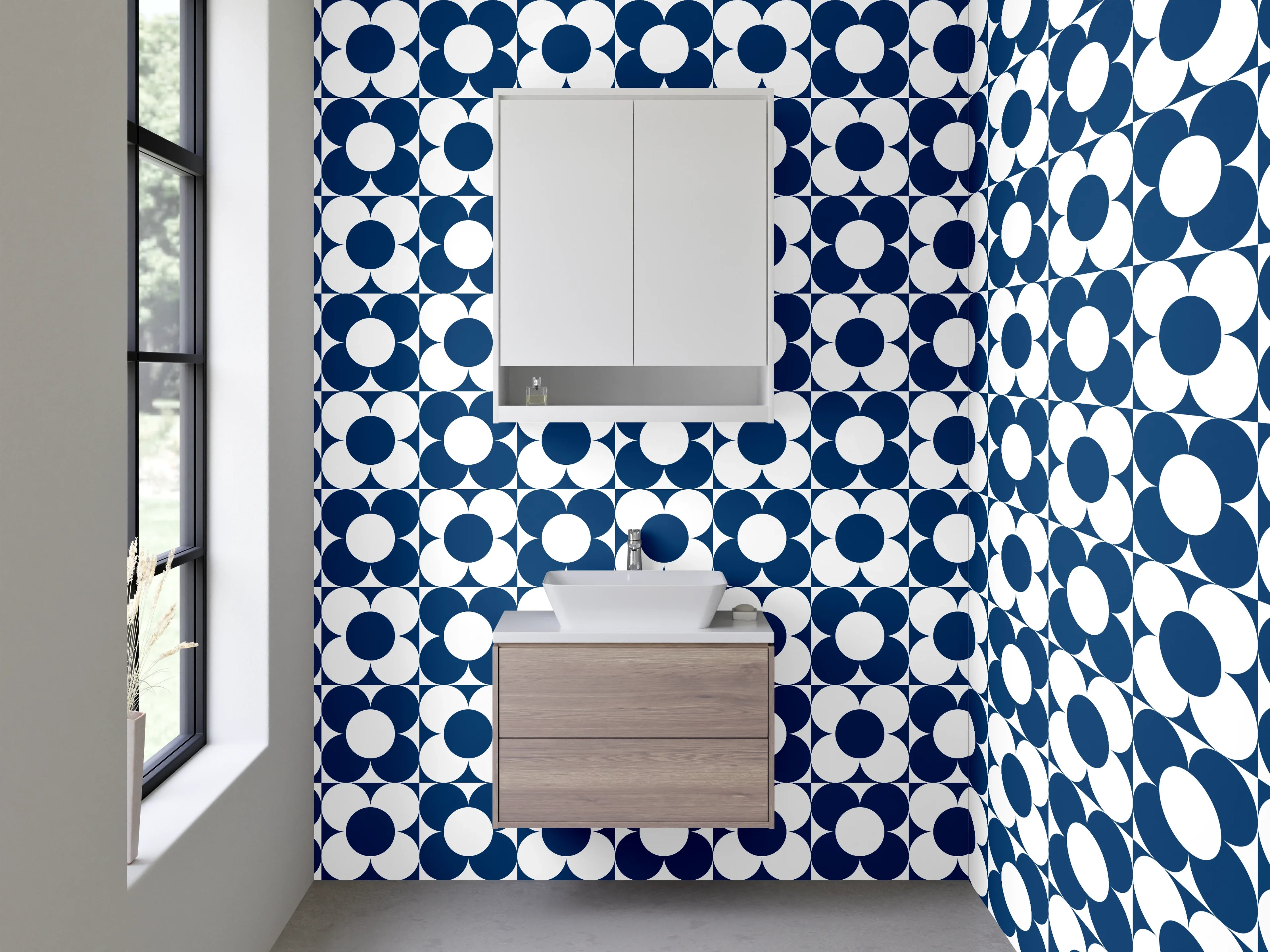 Waschbecken-Rückwand - Retro Kreismuster Blau Weiß Fliese