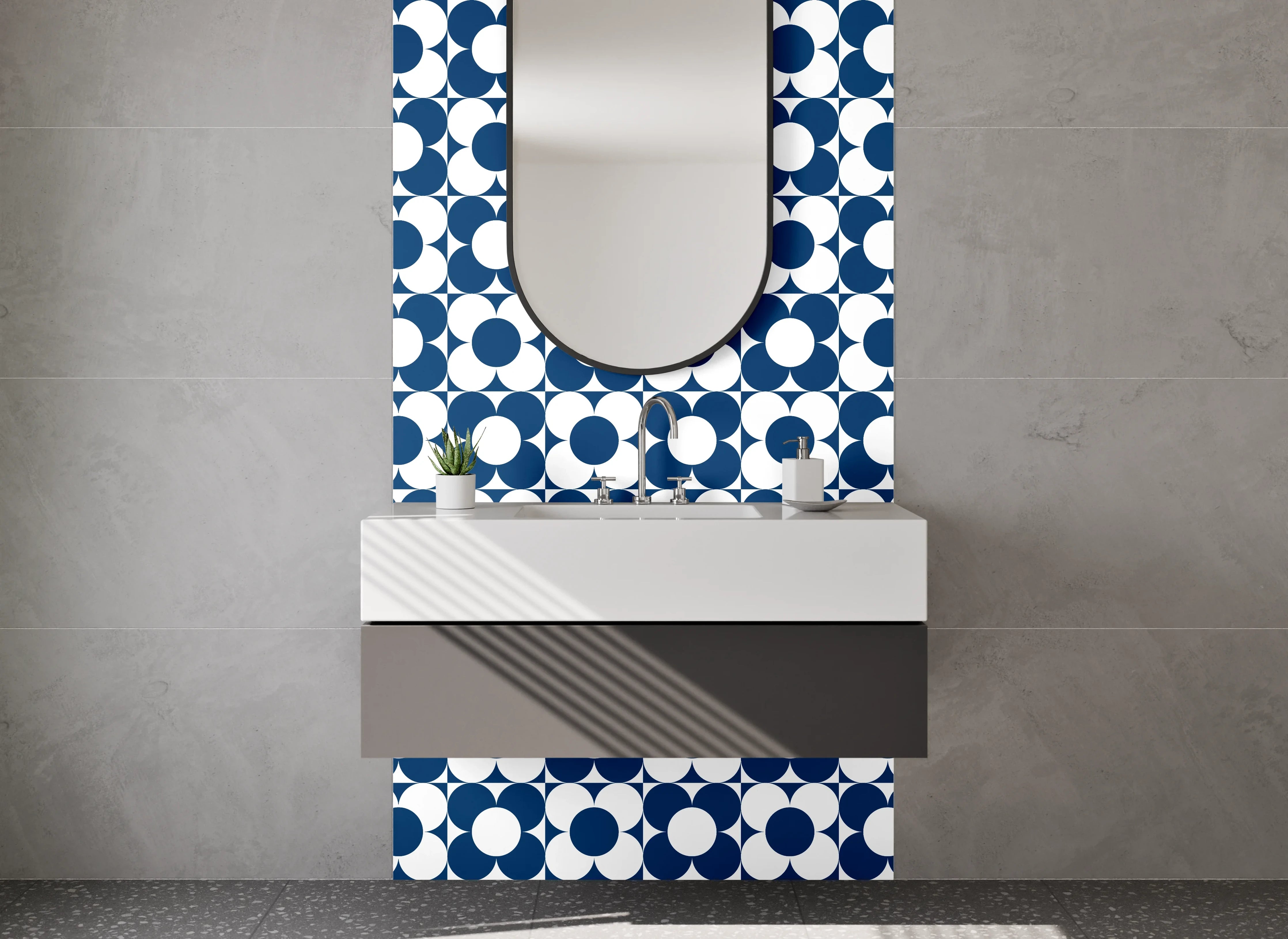 Waschbecken-Rückwand - Retro Kreismuster Blau Weiß Fliese