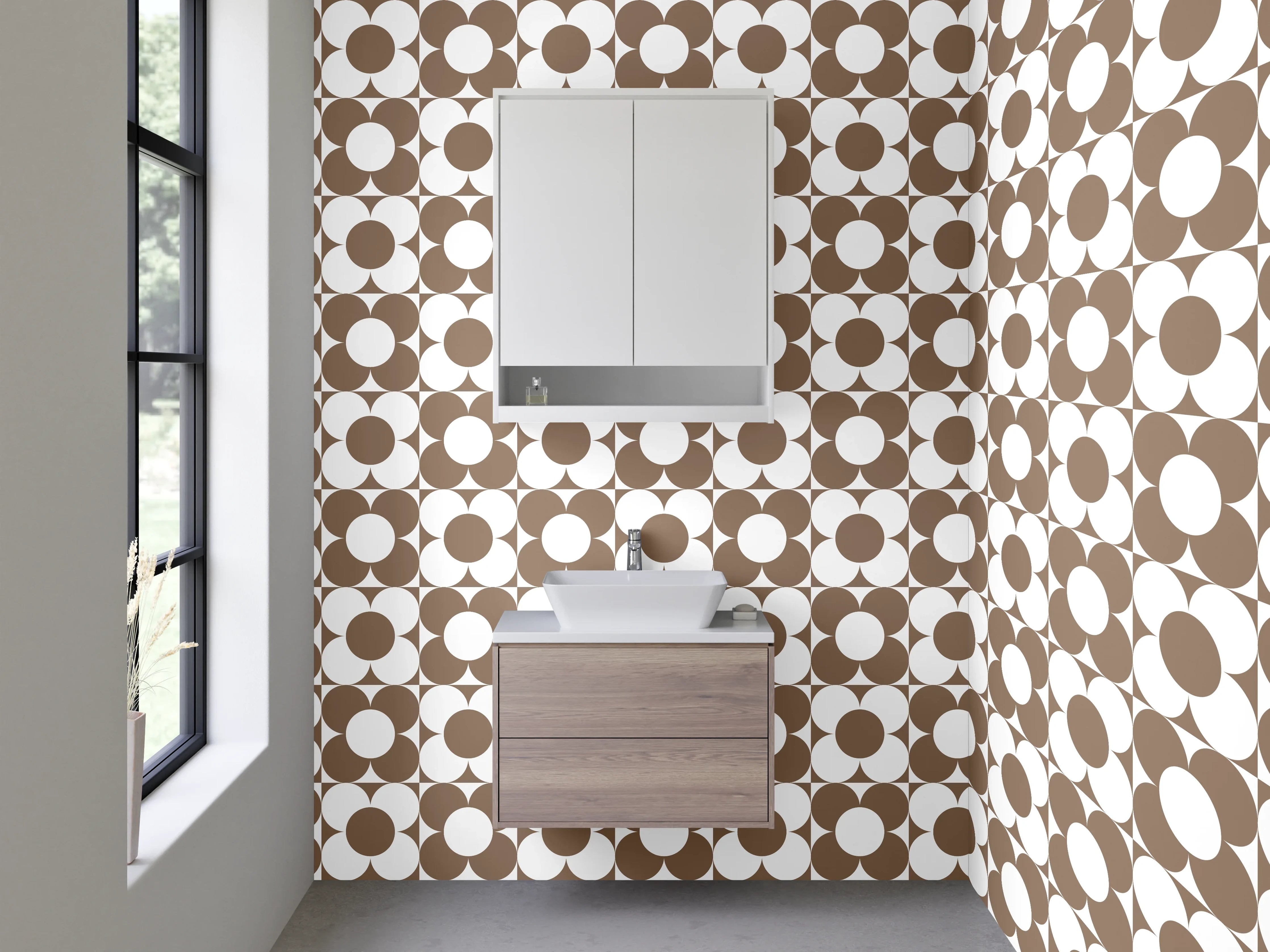 Waschbecken-Rückwand - Retro Kreismuster Braun Weiß Dekor